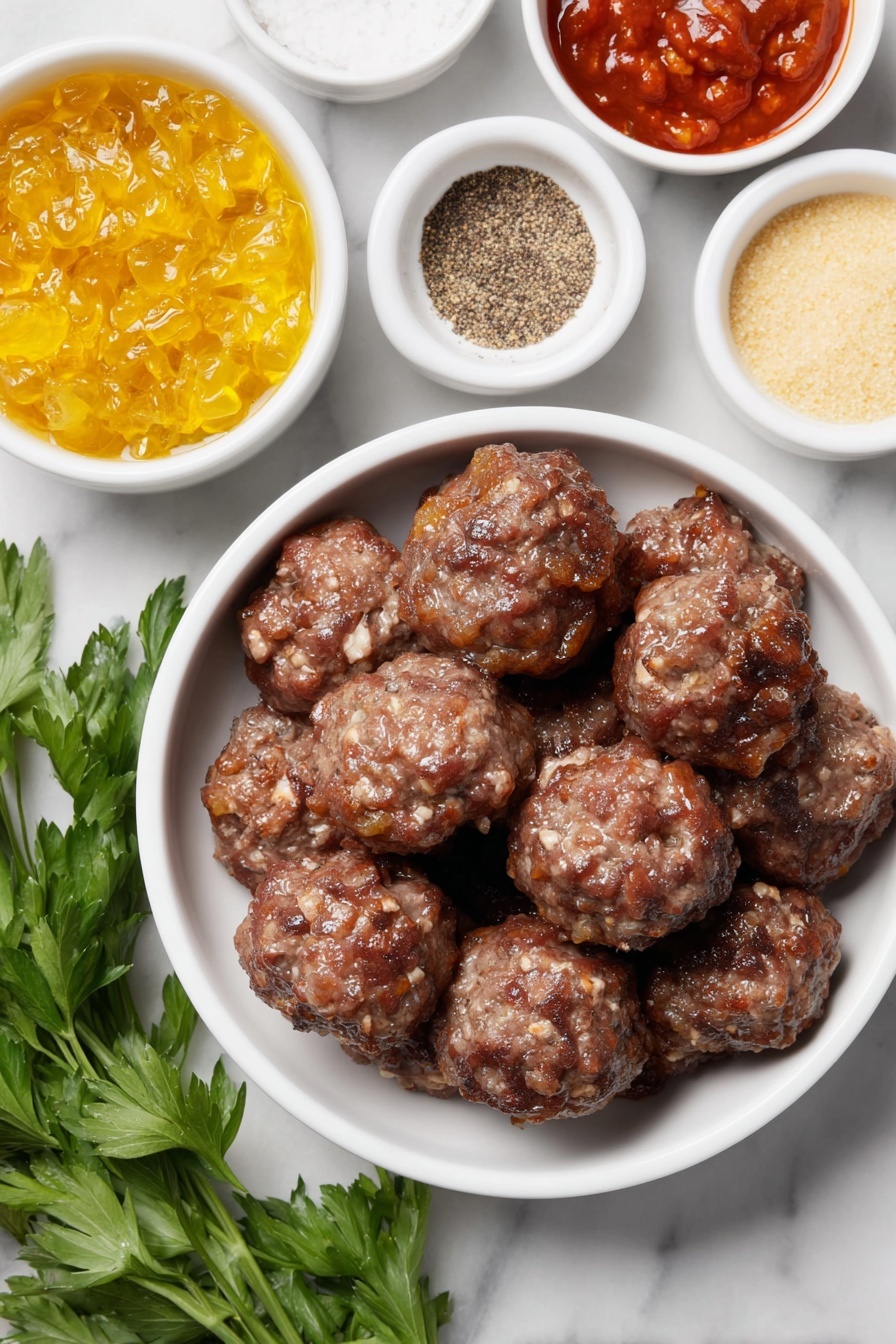Flat lay of a small white ceramic bowl of glossy jellied cranberry sauce, a small white ceramic bowl of bright red chili sauce, a small white ceramic bowl of golden brown sugar, a small white ceramic bowl with light beige garlic powder, a small white ceramic bowl with coarse black pepper, a neat pile of round, fully cooked meatballs with a natural browned exterior, fresh sprigs of green parsley placed beside them, all arranged with perfect symmetry on a clean white marble surface, soft natural light, photo taken with an iPhone, professional food photography style, fresh ingredients, white ceramic bowls, no bottles, no duplicates, no utensils, no packaging --ar 2:3 --v 7 --p m7354615311229779997 - Cranberry Meatballs, holiday appetizers, easy party snacks, quick meatball recipes, festive appetizer ideas