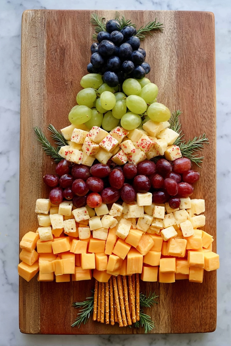 A wooden board holds a Christmas tree shaped snack arrangement made of layers of different fruits and cheeses. Starting from the bottom, there is a row of pretzel sticks acting as the tree trunk, topped by a thick layer of orange cheese cubes. Above this, there is a dense row of red grapes, followed by a layer of light cheese cubes with small red seasoning pieces. Next is a layer of green grapes, then a layer of plain pale yellow cheese cubes. The top of the tree is formed with a cluster of dark blue grapes. Small green rosemary sprigs are placed between the layers to mimic tree branches. The whole setup is on a white marbled surface photo taken with an iphone --ar 2:3 --v 7 - Christmas Tree Charcuterie Board, holiday charcuterie board, festive cheese and meat platter, Christmas party appetizer, holiday party decor