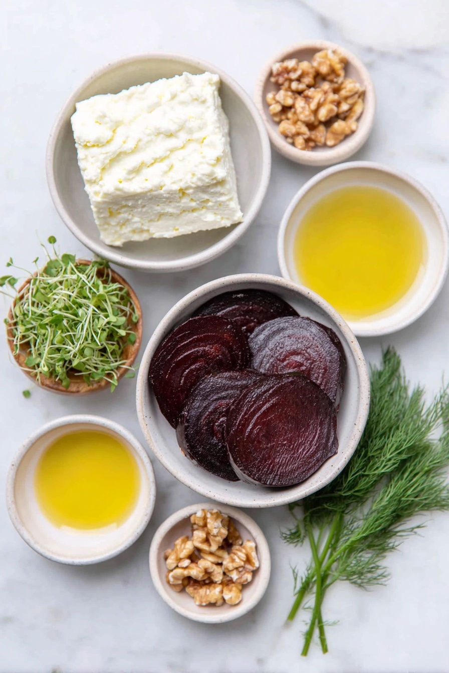 Flat lay of four medium cooked beets thinly sliced into rounds, a chunk of creamy white goat’s cheese, a small white bowl of thick Greek yogurt, a small white bowl of fresh lemon juice, a small white bowl of golden olive oil, a small white bowl of crushed walnuts, a small white bowl of golden honey, a few sprigs of fresh dill, and a handful of delicate microgreens, all arranged with perfect symmetry on simple white ceramic bowls placed on a clean white marble surface, soft natural light, photo taken with an iPhone, professional food photography style, fresh ingredients, white ceramic bowls, no bottles, no duplicates, no utensils, no packaging --ar 2:3 --v 7 --p m7354615311229779997 - Beetroot and Goat Cheese Terrine, beetroot appetizer, goat cheese terrine, elegant beetroot recipes, gourmet appetizer ideas