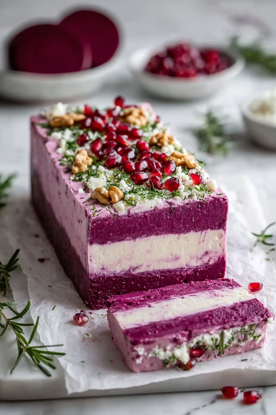 A square dish with three clear layers on a white plate, placed on a white marbled surface; the bottom and top layers are deep purple and smooth, while the middle layer is a thick, creamy white. The top purple layer is decorated with green chopped herbs, small white cheese crumbles, and scattered walnut pieces. Around the plate, there are a few more walnut pieces and some light amber sauce with herbs. The background is softly blurred with white and light green tones. Photo taken with an iphone --ar 2:3 --v 7 - Beetroot and Goat Cheese Terrine, beetroot appetizer, goat cheese terrine, elegant beetroot recipes, gourmet appetizer ideas