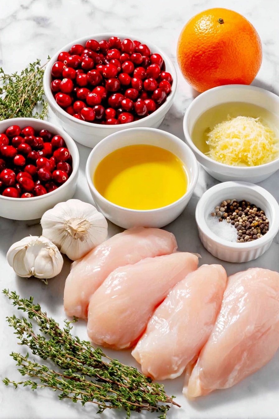 Flat lay of fresh boneless skinless chicken breasts, a small pile of bright red fresh cranberries, a whole large orange alongside a small white bowl of freshly grated orange zest and a small white bowl of orange juice, a small white bowl filled with golden honey, a small white bowl with clear olive oil, two whole uncracked garlic cloves, a few sprigs of fresh thyme and rosemary, a small white bowl of light chicken broth, a small white bowl with dark balsamic vinegar, a small white bowl containing smooth Dijon mustard, and a small white bowl with coarse salt and mixed black peppercorns, all arranged with perfect symmetry and balanced proportions on a clean white marble surface, soft natural light, photo taken with an iPhone, professional food photography style, fresh ingredients, white ceramic bowls, no bottles, no duplicates, no utensils, no packaging --ar 2:3 --v 7 --p m7354615311229779997 - Cranberry Orange Chicken, easy cranberry chicken recipe, festive chicken dinner, quick citrus chicken, healthy cranberry chicken