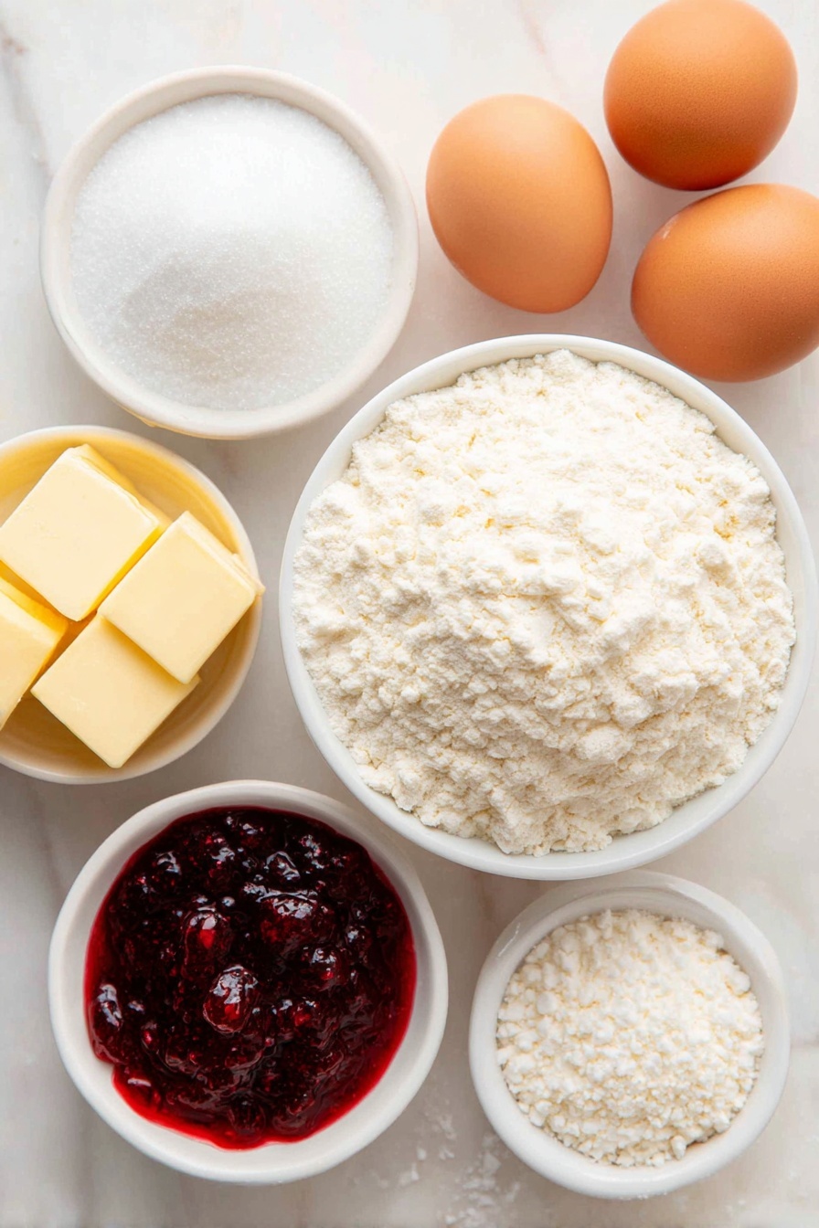 Flat lay of a small mound of pale yellow butter at room temperature, a small white ceramic bowl of fine white icing sugar, two whole brown eggs with clean shells, a small white ceramic bowl of fine sifted all-purpose flour, a small white ceramic bowl filled with glossy deep red Italian raspberry jam, a few loose grains of coarse salt, a vanilla bean pod, and a small pile of extra flour for rolling out dough, all arranged in perfect symmetry on a clean white marble surface, soft natural light, photo taken with an iPhone, professional food photography style, fresh ingredients, white ceramic bowls, no bottles, no duplicates, no utensils, no packaging --ar 2:3 --v 7 --p m7354615311229779997 - Raspberry Linzer Cookies, Linzer Cookies with Raspberry Jam, Easy Raspberry Jam Cookies, Butter Cookies with Raspberry Filling, Festive Raspberry Cookies