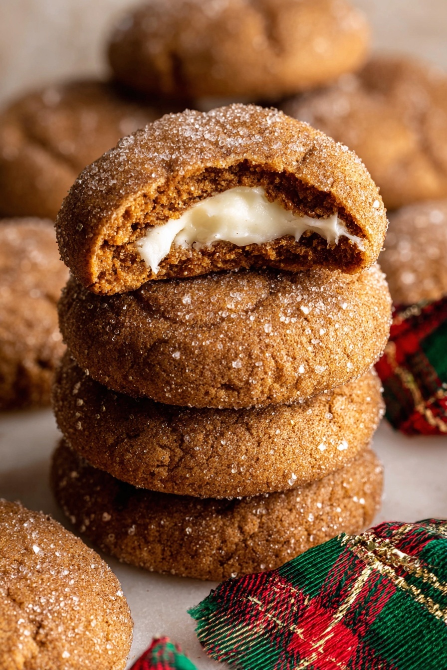The image shows a close-up of a group of soft ginger cookies with a light sugar coating, arranged on a white marbled surface. In the center, one cookie is bitten, showing a cream filling inside with a smooth white texture. Around these cookies are small gingerbread man cookies decorated with white icing for faces and buttons. A red and green plaid ribbon weaves through the cookies, adding a festive touch, and a small shiny red ornament ball is placed near the top left corner. The overall colors are warm browns from the cookies and bright reds and greens from the ribbon and ornament. Photo taken with an iphone --ar 2:3 --v 7 - Gingerbread Cheesecake Cookies, holiday cookie recipes, festive dessert ideas, gingerbread cookie variations, easy holiday baking