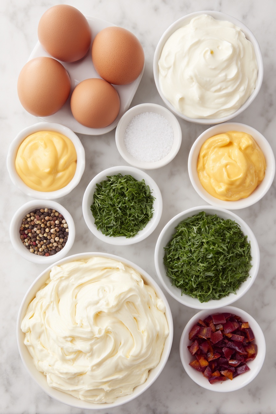 Flat lay of one dozen whole uncracked brown and white eggs, a small white ceramic bowl of creamy mayonnaise, a small white ceramic bowl of smooth yellow mustard, a small white ceramic bowl filled with glossy dill pickle relish, a small white ceramic bowl heaping with freshly chopped vibrant green parsley, a small white ceramic bowl of finely chopped fresh dill sprigs, a small white ceramic bowl of bright red diced bell pepper, a small white ceramic bowl with fine kosher salt crystals, and a small white ceramic bowl of coarsely ground black peppercorns, all ingredients fresh and natural, arranged with perfect symmetry and balanced proportions, placed on a clean white marble surface, soft natural light, photo taken with an iPhone, professional food photography style, fresh ingredients, white ceramic bowls, no bottles, no duplicates, no utensils, no packaging --ar 2:3 --v 7 --p m7354615311229779997 - Christmas Tree Deviled Eggs, festive deviled eggs, holiday appetizer ideas, Christmas party recipes, easy holiday snacks