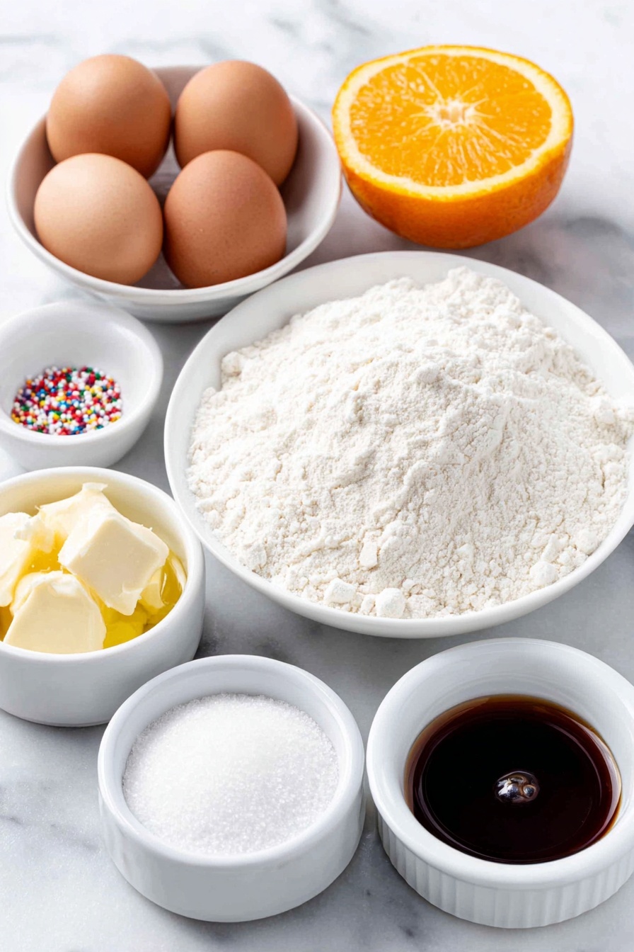 Flat lay of a small heap of fine Italian 00 flour on a simple white ceramic plate, a few brown whole eggs with clean shells arranged neatly beside it, a small white bowl filled with granulated white sugar, a small white bowl containing a golden melted butter pool, a small white bowl holding dark amber honey, an unpeeled fresh orange with a single bright orange zest spiral beside it, a small white bowl with dark rum, a pinch of fine white baking powder and salt neatly placed on small white ceramic dishes, a few colorful round sprinkles scattered lightly nearby, all ingredients fresh and natural, perfectly balanced and symmetrical on a clean white marble surface, soft natural light, photo taken with an iPhone, professional food photography style, fresh ingredients, white ceramic bowls, no bottles, no duplicates, no utensils, no packaging --ar 2:3 --v 7 --p m7354615311229779997 - Italian Honey Balls (Struffoli) Dessert, Italian Honey Balls, Struffoli Recipe, Holiday Italian Treats, Easy Italian Sweets