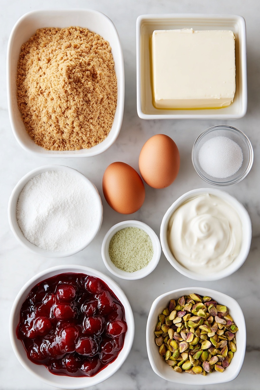 Flat lay of a small white ceramic bowl of golden graham cracker crumbs, a small white bowl of finely ground green pistachios, a small white bowl of white granulated sugar, a small white bowl of melted butter with a glossy surface, a block of creamy white cream cheese with smooth edges, two whole uncracked brown eggs, a small white bowl of thick sour cream, a small white bowl containing pale green pistachio pudding powder, a small white bowl of clear vanilla extract, a small white ceramic bowl filled with bright red cherry pie filling studded with whole cherries, and a small white bowl of shelled green pistachio nuts—all arranged symmetrically on a clean white marble surface, soft natural light, photo taken with an iPhone, professional food photography style, fresh ingredients, white ceramic bowls, no bottles, no duplicates, no utensils, no packaging --ar 2:3 --v 7 --p m7354615311229779997 - Cherry Pistachio Cheesecake, cherry pistachio dessert, pistachio cheesecake with cherry topping, creamy cherry pistachio cheesecake, nutty cherry dessert