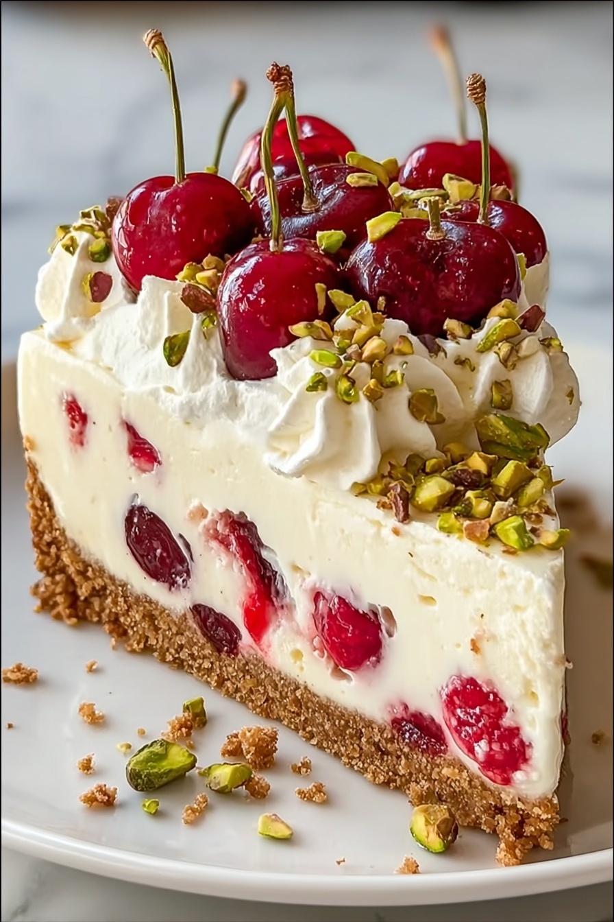 A close-up view of a slice of cheesecake showing four visible layers: a crumbly, golden brown biscuit base at the bottom; a thick, creamy white layer filled with whole green pistachios and bright red cherries embedded inside; a thin layer of red cherry jelly atop the cream; and a fluffy white whipped cream topping decorated with whole shiny red cherries, green pistachios, and small golden brown biscuit crumbs scattered over the top, all served on a white plate with a silver fork beside it, placed on a white marbled surface. photo taken with an iphone --ar 2:3 --v 7 - Cherry Pistachio Cheesecake, cherry pistachio dessert, pistachio cheesecake with cherry topping, creamy cherry pistachio cheesecake, nutty cherry dessert