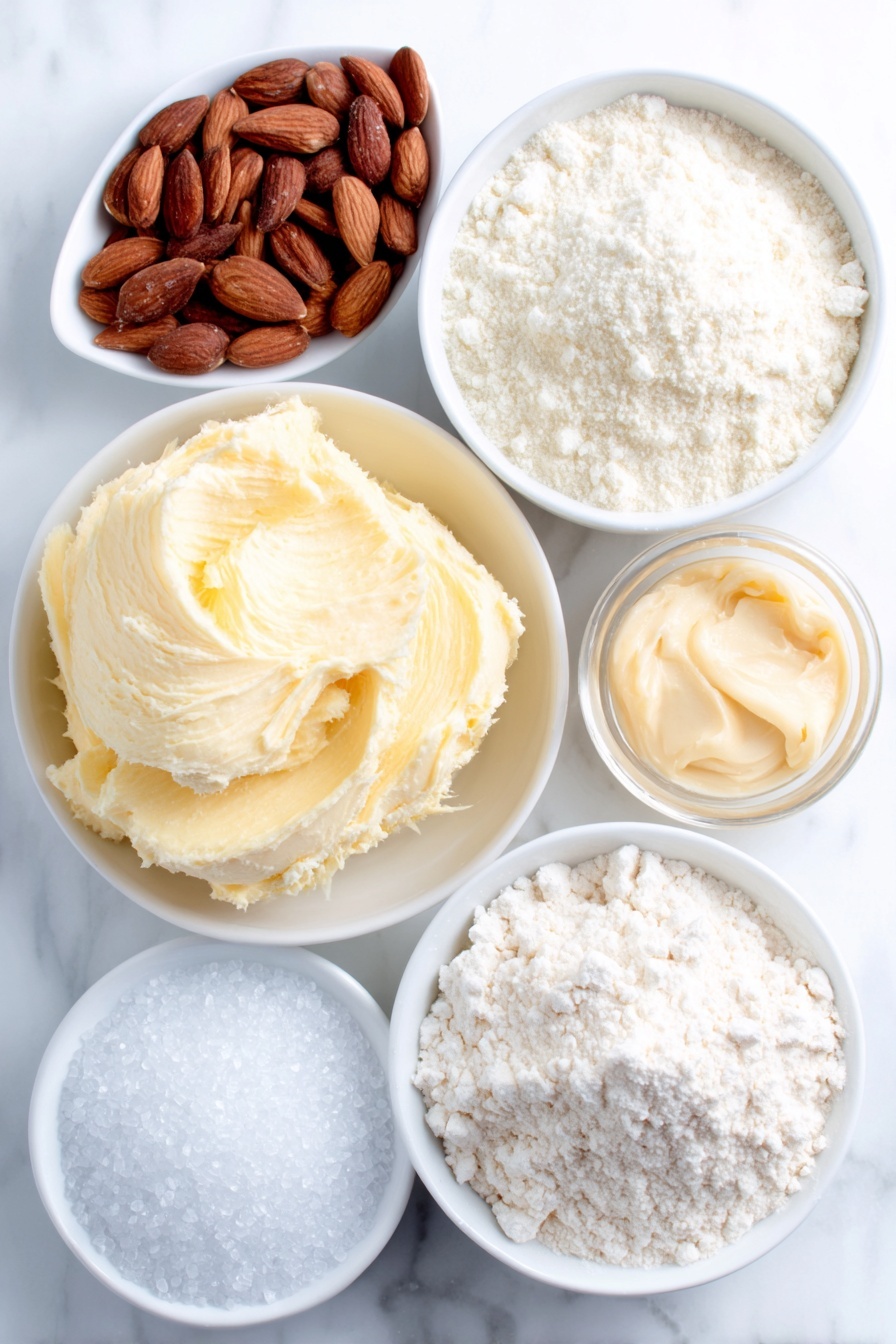 Flat lay of a smooth mound of dairy-free buttery spread, a small heap of fine confectioner's sugar, a neat pile of plain flour, a small white bowl with a light mixture of corn starch and water, a tiny white bowl with golden vanilla bean paste, a few whole almonds alongside a small white bowl of almond milk, and a small white bowl filled with sparkling white sugar crystals, all arranged symmetrically on a simple white ceramic surface, placed on a clean white marble surface, soft natural light, photo taken with an iPhone, professional food photography style, fresh ingredients, white ceramic bowls, no bottles, no duplicates, no utensils, no packaging --ar 2:3 --v 7 --p m7354615311229779997 - Vegan Danish Butter Cookies, dairy-free Danish cookies, vegan cookie recipes, buttery vegan cookies, plant-based Danish treats