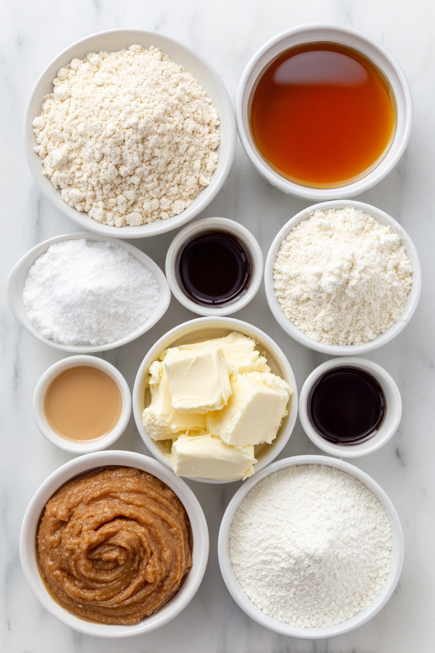 Flat lay of a small mound of superfine oat flour, a small mound of white rice flour, a small mound of superfine almond flour, a small pile of white tapioca starch, a small heap of fine salt, a small heap of baking powder, a small white ceramic bowl filled with amber pure maple syrup, a small white ceramic bowl of raw cashew butter showing its creamy texture, a small white ceramic bowl of clear vanilla extract, a small white ceramic bowl of powdered sugar, a small white ceramic bowl of lite coconut milk, all arranged in perfect symmetry on a clean white marble surface, soft natural light, photo taken with an iPhone, professional food photography style, fresh ingredients, white ceramic bowls, no bottles, no duplicates, no utensils, no packaging --ar 2:3 --v 7 --p m7354615311229779997 - Vegan Gluten-Free Sugar Cookies, gluten-free sugar cookie recipe, vegan cookie recipe, oil-free sugar cookies, easy vegan gluten-free treats