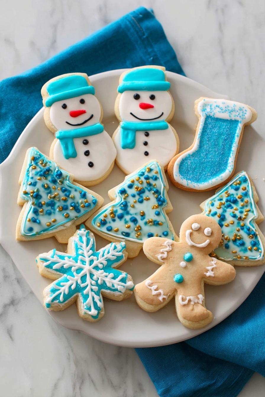 The image shows several frosted sugar cookies shaped like a snowman, a Christmas tree, a mitten, a gingerbread person, and a star, all on a white marbled surface. The snowman cookie has two layers: a smooth white icing base and blue icing details for a hat and scarf, three black dots for buttons, two black eyes, and a small red smile. The Christmas tree cookie has a white icing base with blue swirly lines and small gold balls for decoration. The mitten cookie has a white icing base with sparkling white sugar on the bottom half and a solid blue top. The gingerbread person has a tan base with blue zigzag and dot details on top. The star cookie has a white icing base with blue icing lines and dots, plus small gold balls at points. Some blue and white sugar sprinkles are scattered around the cookies. Photo taken with an iphone --ar 2:3 --v 7 - Vegan Gluten-Free Sugar Cookies, gluten-free sugar cookie recipe, vegan cookie recipe, oil-free sugar cookies, easy vegan gluten-free treats