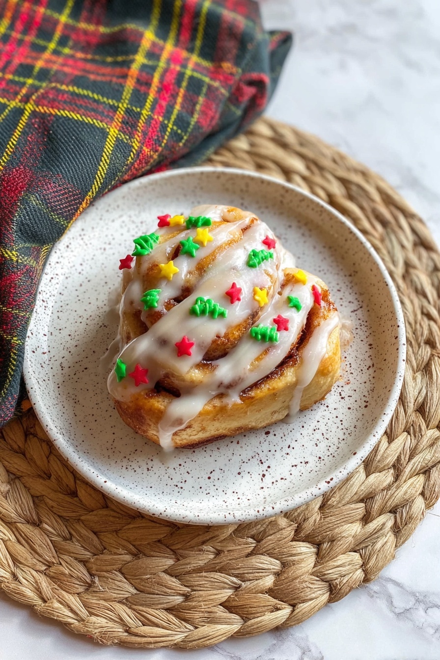 A single cinnamon roll sits in the center of a white plate with small black speckles. The cinnamon roll has four visible thick layers with a light brown, baked texture and is covered by a thick layer of white icing drizzled unevenly over the top. Scattered on the icing are small red, green, and yellow Christmas-themed sprinkles shaped like trees, candy canes, and stars. The plate rests on a natural woven round mat, and a dark cloth with multicolored plaid stripes of yellow, red, and green lies underneath, all set on a white marbled surface. Photo taken with an iphone --ar 2:3 --v 7 - Christmas Tree Cinnamon Rolls, festive cinnamon rolls, holiday cinnamon roll idea, easy Christmas treats, kid-friendly Christmas dessert