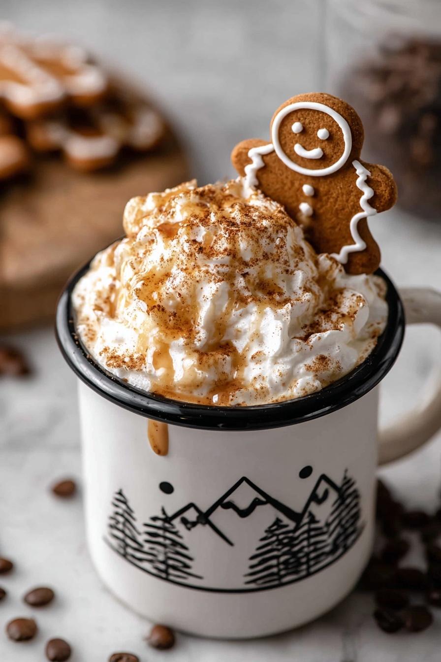 A white mug with a black rim and a simple black mountain and tree design holds a drink topped with a thick layer of fluffy white whipped cream. The whipped cream is sprinkled with brown cinnamon powder and drizzled with light brown syrup. A smiling gingerbread cookie with white icing details is resting on top, leaning against the whipped cream. The mug sits on a white marbled surface with a blurred background that shows more gingerbread cookies and coffee beans. Photo taken with an iphone --ar 2:3 --v 7 - Gingerbread Latte Holiday Coffee Spiced Latte Homemade Gingerbread Syrup