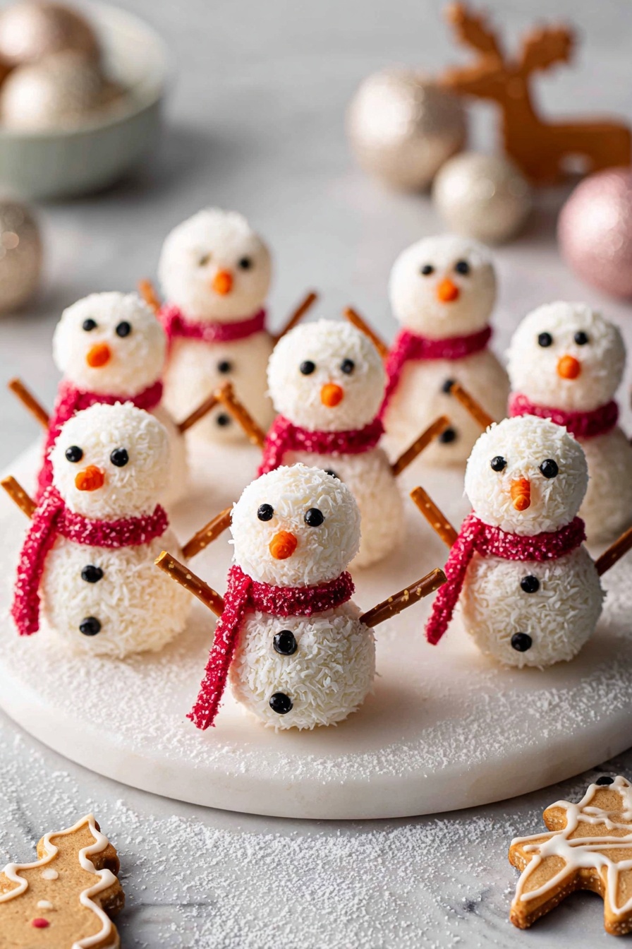 The image shows a group of small snowman-shaped treats arranged on a round white marble board. Each snowman has two round white layers covered in a powdery texture resembling coconut flakes, stacked vertically to form the body and head. They have tiny black eyes and buttons made from small black dots, and an orange nose shaped like a small cone in the middle of the face. A bright red candy scarf wraps around the neck of each snowman, textured with small sugar crystals. Thin pretzel sticks stick out from each side of the middle layer to look like arms. The white marble board is dusted lightly with coconut flakes, and in the blurred background, a few round ornaments and small gingerbread cookies shaped like a star and a reindeer lie on the white marbled surface. photo taken with an iphone --ar 2:3 --v 7 - Vegan Coconut Snowman, Vegan Coconut Snowman Treats, Holiday Vegan Truffles, Vegan Festive Confections, Coconut Snowman Dessert