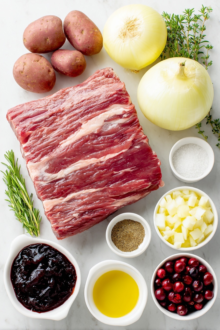 Flat lay of a large raw beef brisket flat cut with visible marbling, a small white bowl of golden olive oil, a small white bowl with a mix of coarse salt, black pepper, dried thyme and rosemary, garlic powder, and onion powder, a whole yellow onion halved—one half sliced thinly and one half diced in a small pile, five fresh garlic cloves, a small white bowl filled with glossy deep red cranberry jelly, a small white bowl with dark Worcestershire sauce, a small white bowl of dark Guinness beer, a cluster of petite red potatoes with smooth skins, a small white bowl holding plump dried cranberries, and three sprigs each of fresh green rosemary and thyme arranged symmetrically—all placed on a clean white marble surface, soft natural light, photo taken with an iPhone, professional food photography style, fresh ingredients, white ceramic bowls, no bottles, no duplicates, no utensils, no packaging --ar 2:3 --v 7 --p m7354615311229779997 - Cranberry Braised Beef Brisket, Beef Brisket with Cranberries, Holiday Beef Main Dish, Slow Cooker Cranberry Beef, Festive Beef Recipes