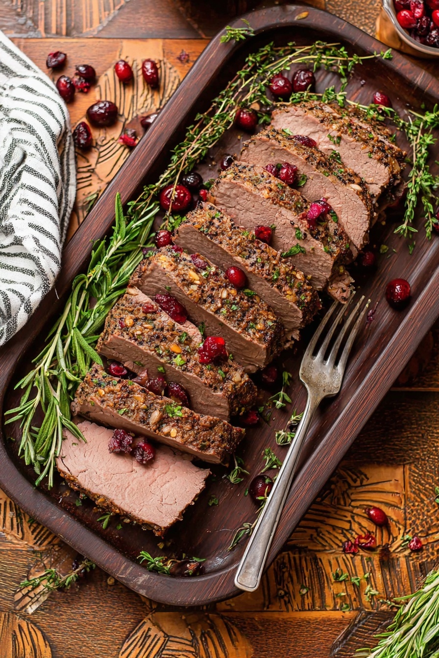 The image shows a large white rectangular baking dish with red handles, filled with a dark roasted meat roast on top, surrounded by small browned onions and dark red cooked cranberries in a rich brown sauce. Several bright green sprigs of rosemary are placed on and around the roast, adding texture and color contrast. The dish sits on a wooden textured table with a striped grey and white cloth beneath the handle. To the right, there is a white basket filled with light golden bread rolls. In the background, there is a silver carving fork and knife with black handles, along with scattered sprigs of fresh herbs, cranberries, and garlic cloves on the table. photo taken with an iphone --ar 2:3 --v 7 - Cranberry Braised Beef Brisket, Beef Brisket with Cranberries, Holiday Beef Main Dish, Slow Cooker Cranberry Beef, Festive Beef Recipes
