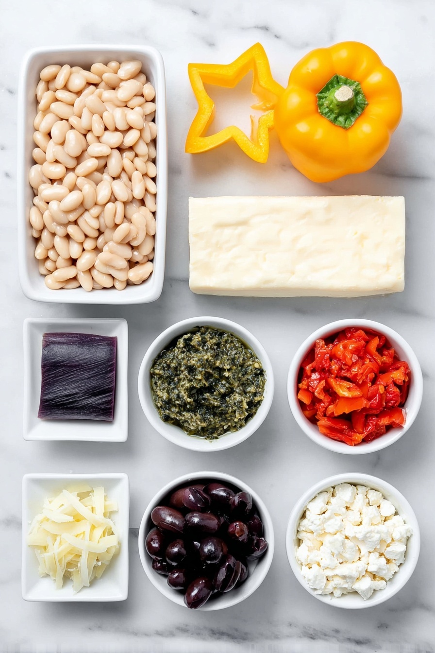 Flat lay of a small white ceramic bowl of rinsed cannellini beans, an uncut block of reduced-fat cream cheese, a small white bowl of vibrant green pesto, a fresh yellow bell pepper with one star-shaped slice cut out, a rectangular slice of dark purple-black pepper, a small white bowl of chopped artichoke hearts, a small white bowl of chopped roasted red peppers, horizontally sliced Kalamata olives arranged in a small white bowl, a few bright red Sweety Drop peppers scattered beside the bowls, and a small white bowl of crumbled reduced-fat feta cheese, all arranged in perfect symmetry on a clean white marble surface, soft natural light, photo taken with an iPhone, professional food photography style, fresh ingredients, white ceramic bowls, no bottles, no duplicates, no utensils, no packaging --ar 2:3 --v 7 --p m7354615311229779997 - Christmas Tree Bean Dip with Pesto, festive holiday appetizer, easy Christmas dip, holiday bean dip, Christmas party snack