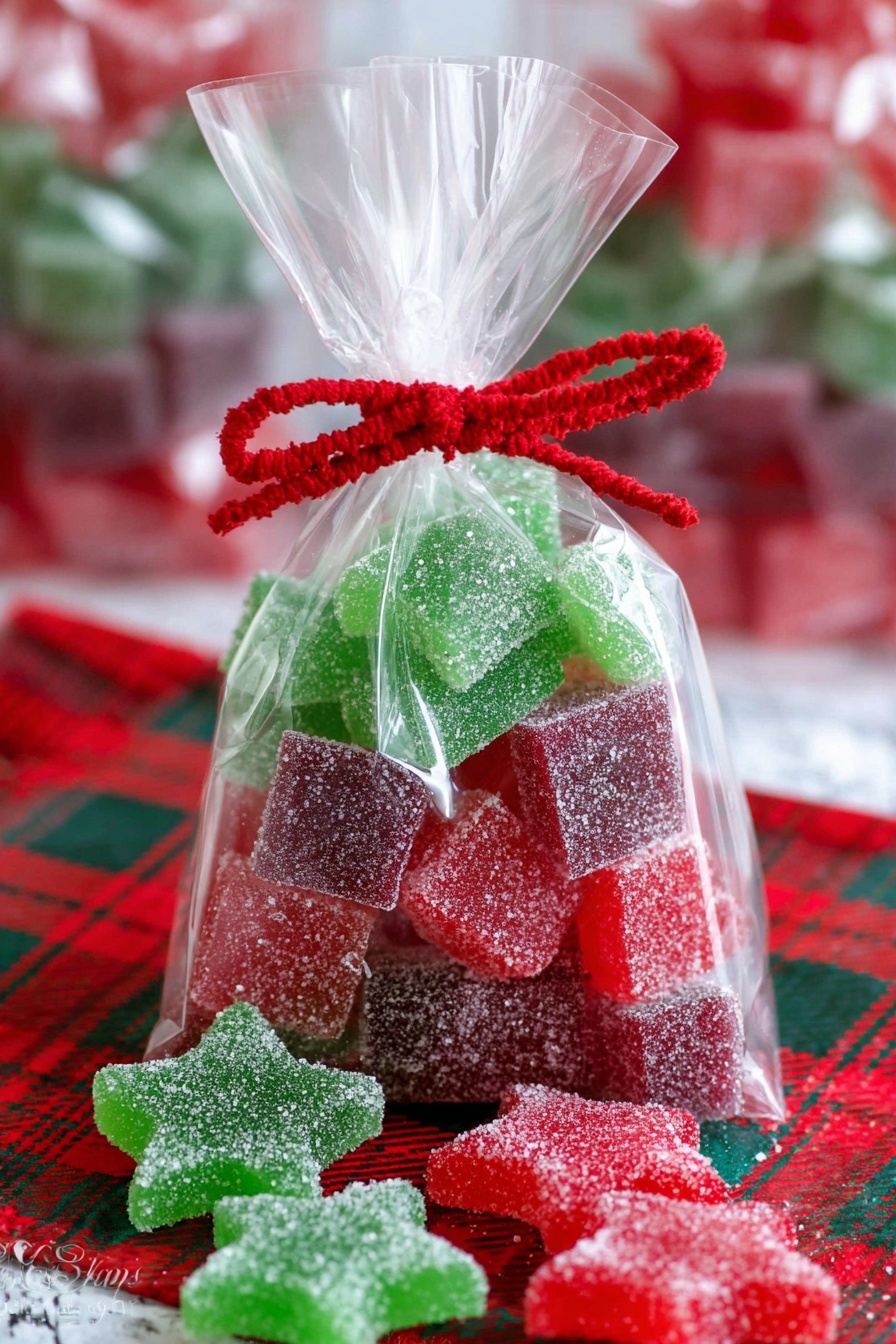 A clear plastic bag filled with stacked square sugar-coated gummies in red, green, and purple colors, arranged in alternating layers. There are also red and green star-shaped sugar-coated gummies at the bottom of the bag and scattered outside on a red and green plaid cloth. The bag is tied at the top with a red twist ribbon and decorated with a red felt scalloped band. The background shows a white marbled texture with blurred additional bags of similar candy. Photo taken with an iphone --ar 2:3 --v 7 - Homemade Gumdrops, gumdrops from scratch, homemade candy, colorful chewy treats, easy gummy candy recipe