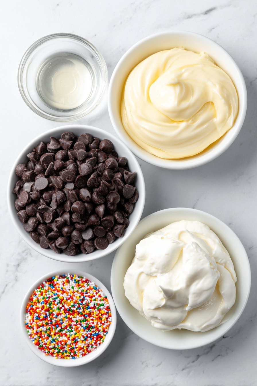 Flat lay of a small mound of glossy semi-sweet chocolate chips, a simple white ceramic bowl filled with smooth, thick sweetened condensed milk, a tiny white bowl holding clear vanilla extract, and a small white bowl overflowing with colorful round sprinkles, all arranged in perfect symmetry, placed on a clean white marble surface, soft natural light, photo taken with an iPhone, professional food photography style, fresh ingredients, white ceramic bowls, no bottles, no duplicates, no utensils, no packaging --ar 2:3 --v 7 --p m7354615311229779997 - Chocolate Truffles, Easy Chocolate Dessert, Homemade Chocolate Treats, Festive Chocolate Bonbons, No-Bake Chocolate Sweets