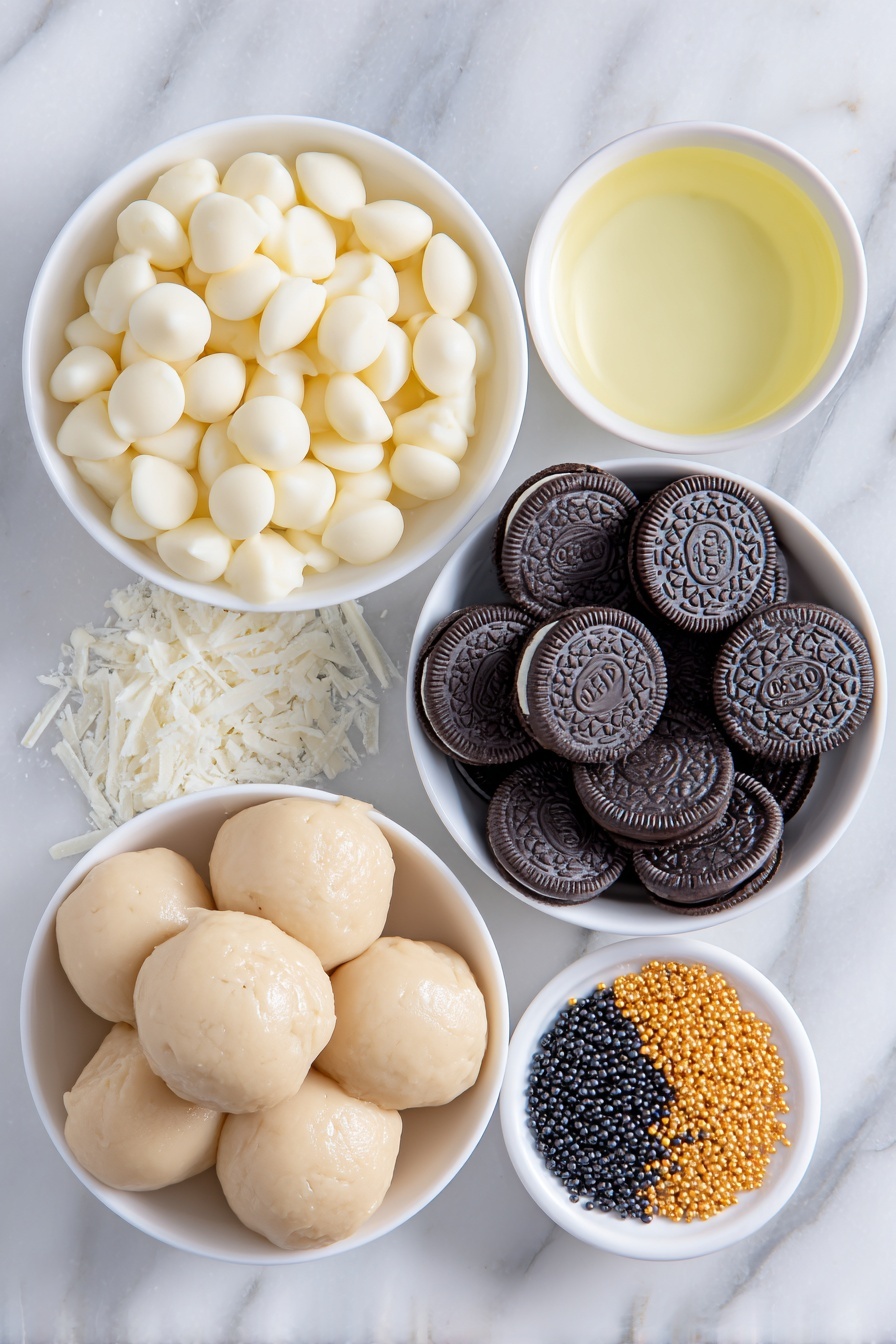 Flat lay of a small mound of smooth, pale beige cookie dough scooped into neat balls, a cluster of glossy whole mini Oreos with shiny black cookies and no visible filling, a small white ceramic bowl filled with creamy white chocolate chips, a small white bowl with translucent, pale yellow coconut oil, shiny cylindrical Rolo chocolates with visible caramel centers peeking through the milk chocolate, delicate white snowflake sprinkles scattered artfully, and tiny glossy black and vibrant orange pearl sprinkles arranged in small groups, all placed on a clean white marble surface, soft natural light, photo taken with an iPhone, professional food photography style, fresh ingredients, white ceramic bowls, no bottles, no duplicates, no utensils, no packaging --ar 2:3 --v 7 --p m7354615311229779997 - Snowman Cookie Dough Bites with Oreos, festive holiday dessert, no-bake winter treats, adorable snowman snacks, easy Christmas cookie bites