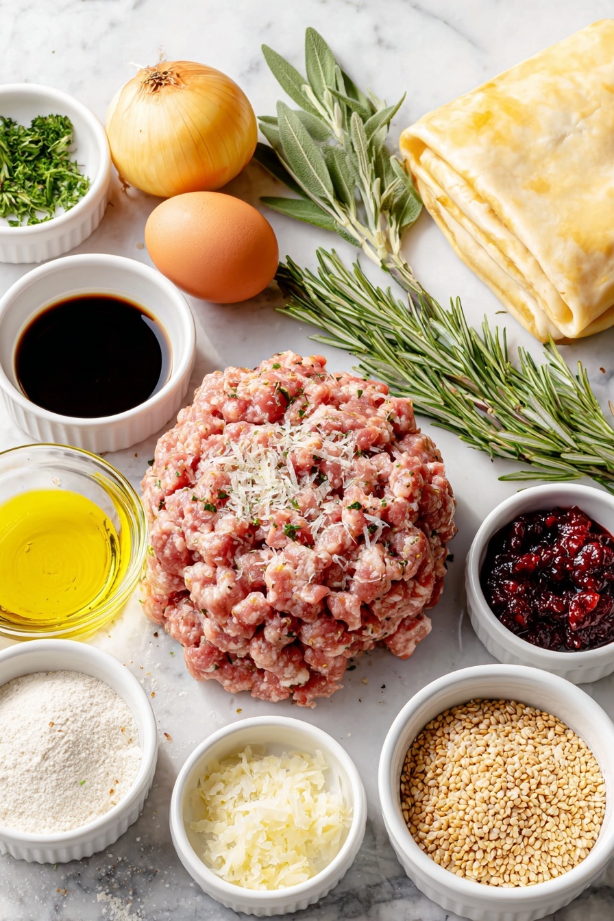 Flat lay of extra-virgin olive oil in a small white ceramic bowl, one large yellow onion with golden skin and some finely chopped pieces beside it, coarse kosher salt crystals in a small white bowl, freshly ground black pepper in a small white bowl, a few sprigs of fresh rosemary, a few sprigs of fresh sage, a mound of sweet Italian pork sausage with visible herbs and spices, a small pile of chopped fresh parsley, a small white ceramic bowl with dark Worcestershire sauce, a small pile of all-purpose flour, a sheet of rolled puff pastry with a smooth pale golden surface folded in half, a small white ceramic bowl with pale Dijon mustard, one whole uncracked large brown egg, a small white ceramic bowl containing toasted sesame seeds, a small white ceramic bowl with poppy seeds, and a small mound of glossy red cranberry chutney—all arranged symmetrically with balanced spacing, placed on a clean white marble surface, soft natural light, photo taken with an iPhone, professional food photography style, fresh ingredients, white ceramic bowls, no bottles, no duplicates, no utensils, no packaging --ar 2:3 --v 7 --p m7354615311229779997 - Sausage Wreath, savory appetizer, puff pastry party food, sausage and puff pastry recipe, easy holiday appetizer