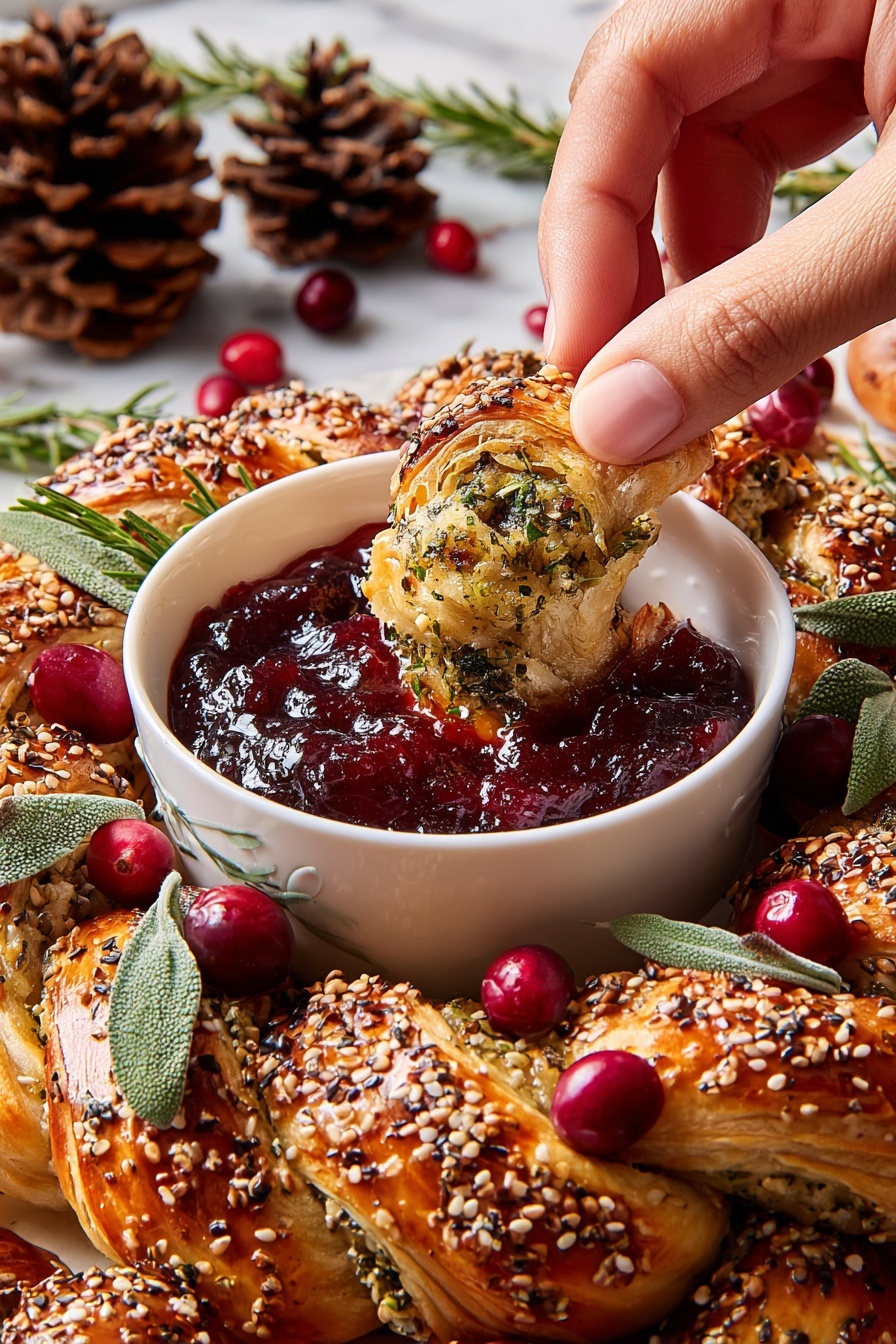 A close-up image shows a woman's hand dipping a golden brown, sesame-seed-covered pastry with green herb bits into a small white bowl filled with thick dark red cranberry sauce, which has a glossy texture and visible orange peel pieces. The bowl sits in the middle of a white marbled surface, surrounded by a ring of twisted pastries sprinkled with sesame seeds and chopped herbs. Fresh red cranberries and green herb sprigs, including rosemary and sage, are scattered decoratively around the bowl and pastries. In the background, large pine cones add a rustic touch. Photo taken with an iphone --ar 2:3 --v 7 - Sausage Wreath, savory appetizer, puff pastry party food, sausage and puff pastry recipe, easy holiday appetizer