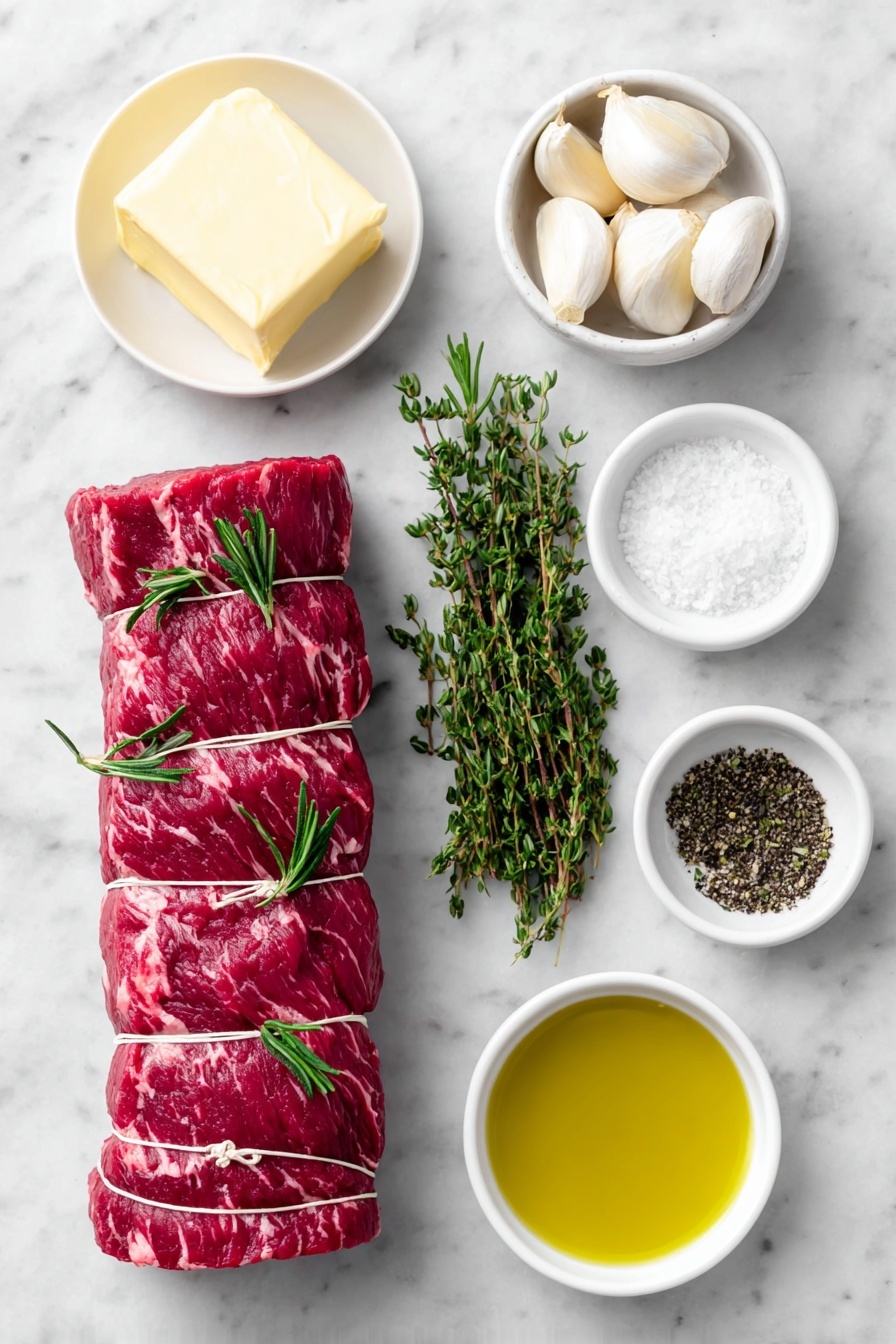 Flat lay of a whole raw center-cut beef tenderloin roast, tied with kitchen twine and trimmed, a few sprigs of fresh rosemary and thyme arranged neatly, six peeled garlic cloves clustered together, a small white ceramic bowl holding soft pale yellow butter, a small white ceramic bowl with coarse kosher salt crystals, a small white ceramic bowl filled with freshly ground black pepper, a small white ceramic bowl containing golden avocado oil, all ingredients fresh and natural, perfectly balanced and symmetrical, placed on a clean white marble surface, soft natural light, photo taken with an iPhone, professional food photography style, fresh ingredients, white ceramic bowls, no bottles, no duplicates, no utensils, no packaging --ar 2:3 --v 7 --p m7354615311229779997 - Herbed Garlic Beef Tenderloin Roast, beef tenderloin recipe, garlic herb roast, elegant holiday beef, juicy beef tenderloin