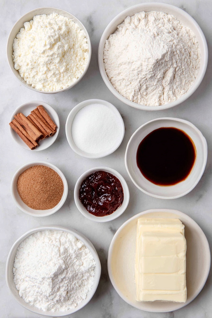 Flat lay of a small mound of all-purpose flour dusted lightly, a small white ceramic bowl of cornstarch, a small white ceramic bowl containing ground ginger, another small white ceramic bowl with ground cinnamon, a small white ceramic bowl holding baking soda, a small white ceramic bowl with kosher salt, a small white ceramic bowl with ground cloves, a small white ceramic bowl with ground allspice, a small white ceramic bowl of ground nutmeg, a slab of unsalted butter at room temperature, a small heap of packed dark brown sugar, a small white ceramic bowl filled with rich molasses, one large whole egg with a clean shell, a small white ceramic bowl of vanilla extract, a small white ceramic bowl of softened unsalted butter for filling, a few bright orange zest strips, a larger small white ceramic bowl filled with powdered sugar, a small white ceramic bowl holding glossy jellied cranberry sauce placed on a clean white marble surface, soft natural light, photo taken with an iPhone, professional food photography style, fresh ingredients, white ceramic bowls, no bottles, no duplicates, no utensils, no packaging --ar 2:3 --v 7 --p m7354615311229779997 - Gingerbread Cookie Sandwiches with Cranberry Filling, festive gingerbread cookies, holiday cranberry treats, Christmas cookie sandwiches, spiced gingerbread desserts