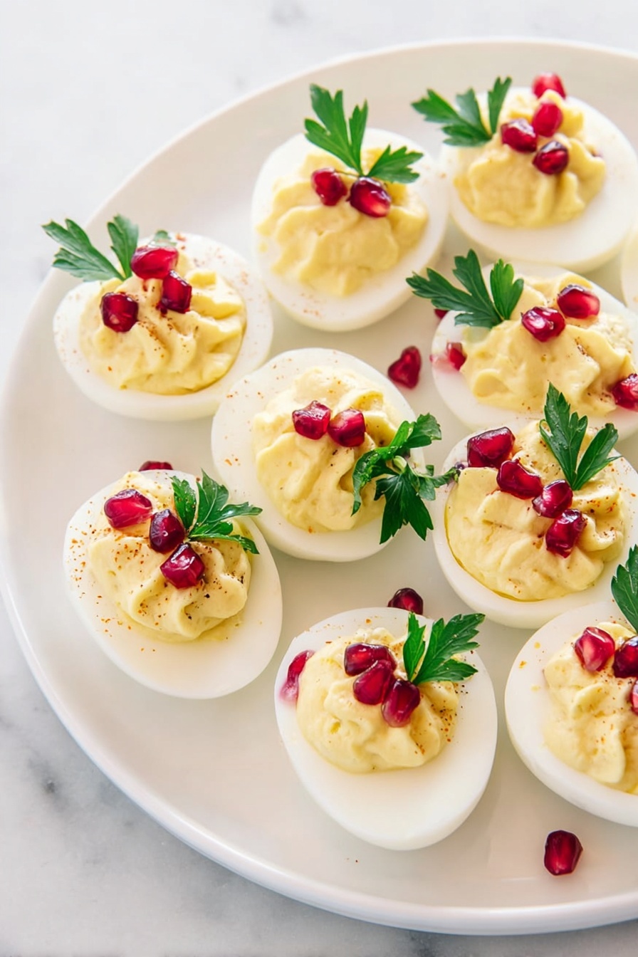 A white plate holds eight deviled egg halves arranged in a loose circle, each made of a smooth white egg white base filled with a pale yellow creamy filling that has a slightly swirled texture. On top of each filling, there are a few bright red pomegranate seeds and a small green parsley leaf, adding color contrast. The plate is set on a white marbled surface with a hint of natural light that makes the dish look fresh and inviting. photo taken with an iphone --ar 2:3 --v 7 - Festive Instant Pot Deviled Eggs, holiday appetizer with deviled eggs, quick Instant Pot egg recipes, Christmas party finger foods, easy holiday appetizer ideas