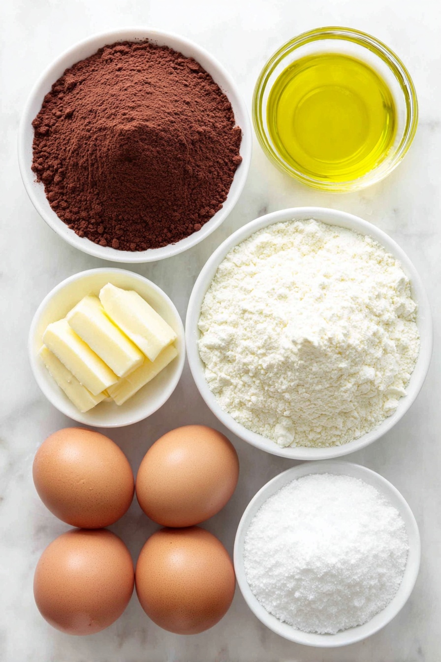 Flat lay of a small mound of rich unsweetened cocoa powder, a neat pile of granulated white sugar crystals, a small white ceramic bowl filled with golden vegetable oil, four large brown eggs with smooth uncracked shells, a tiny white bowl holding clear vanilla extract, a small heap of all-purpose flour, a few teaspoons of light beige baking powder piled neatly, a small pinch of fine salt, and a small white bowl filled with fluffy powdered sugar, all arranged in perfect symmetry on a clean white ceramic surface, placed on a clean white marble surface, soft natural light, photo taken with an iPhone, professional food photography style, fresh ingredients, white ceramic bowls, no bottles, no duplicates, no utensils, no packaging --ar 2:3 --v 7 --p m7354615311229779997 - Chocolate Crinkle Cookies, best chocolate crinkle cookie recipe, fudgy chocolate holiday cookies, easy chocolate cookies, crackled powdered sugar cookies
