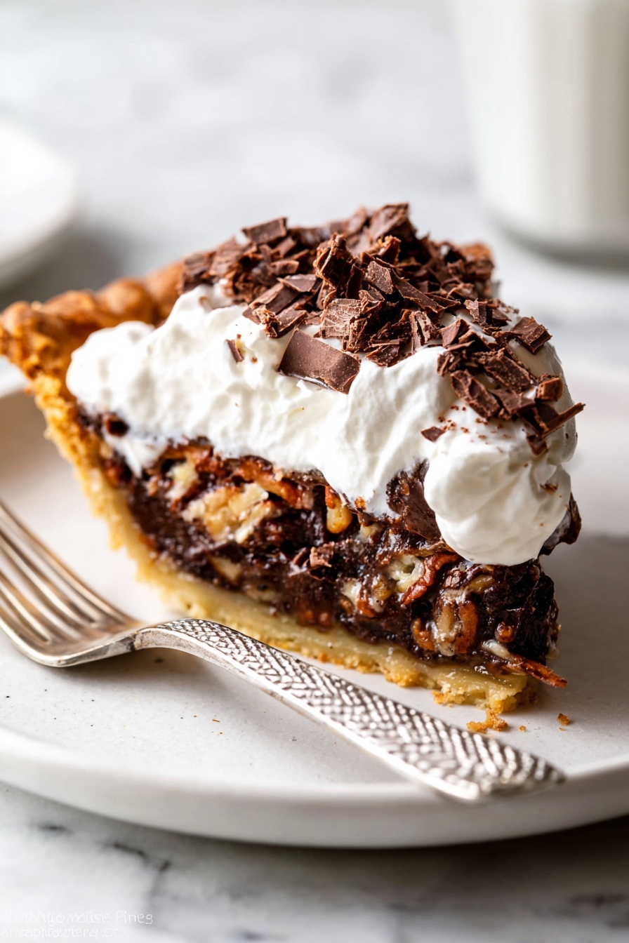 A round pecan pie is shown from above in a clear glass pie dish with a golden brown, unevenly crimped crust forming the outer edge. The pie filling is dark brown and textured with whole pecans placed close together, and generous dollops of melted chocolate spread unevenly on top. Small grains of coarse sea salt are scattered across the surface, adding a slight sparkle. The pie sits on a white marbled surface. photo taken with an iphone --ar 2:3 --v 7 - Dark Chocolate Pecan Pie, Chocolate Pecan Pie, Best Pecan Pie, Easy Pecan Pie Recipe, Holiday Pecan Pie