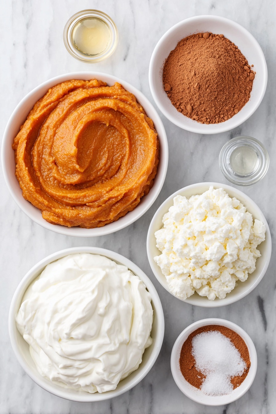 Flat lay of a small white ceramic bowl filled with smooth bright orange pumpkin puree, a small white ceramic bowl with thick plain Greek yogurt, a small white ceramic bowl containing a glossy amber maple syrup, a small white ceramic bowl of heavy cream just softly whipped, a neat pile of warm brown pumpkin pie spice powder beside a tiny mound of fine salt, and a small white ceramic bowl holding clear vanilla extract liquid, all ingredients fresh and natural, arranged symmetrically in a balanced layout, placed on a clean white marble surface, soft natural light, photo taken with an iPhone, professional food photography style, fresh ingredients, white ceramic bowls, no bottles, no duplicates, no utensils, no packaging --ar 2:3 --v 7 --p m7354615311229779997 - Pumpkin Mousse with Whipped Cream, easy pumpkin mousse, fall dessert recipes, pumpkin dessert ideas, festive mousse recipes