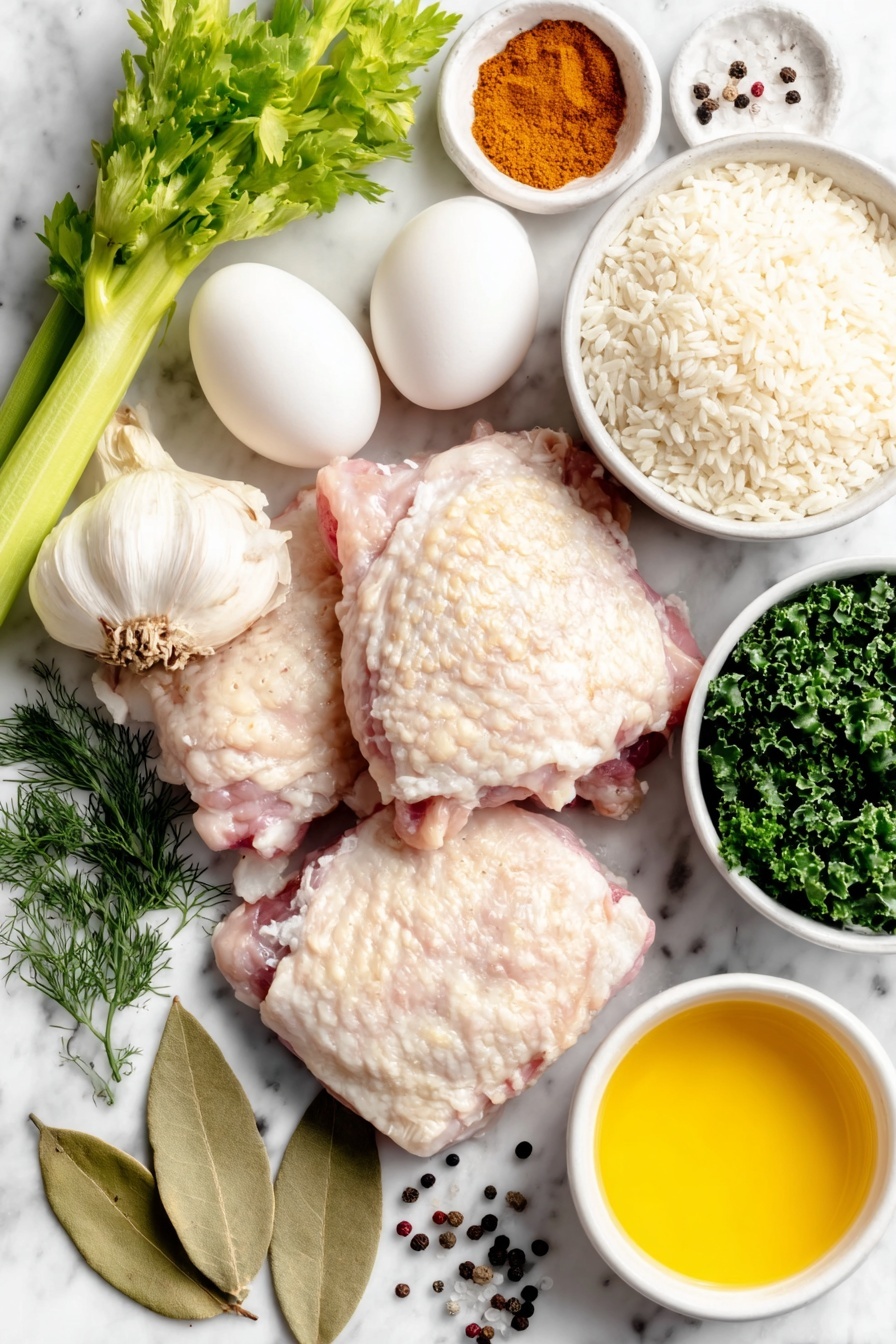 Flat lay of skinless bone-in chicken thighs with natural skin texture, a halved small white onion showing crisp layers, two large cloves of garlic with papery skin, one fresh celery stalk with leaves attached, one medium vibrant orange carrot, small white ceramic bowls holding ground cinnamon and ground turmeric powders, two fresh green bay leaves, a simple white ceramic bowl with short-grain white rice, a loose pile of shredded fresh kale leaves without stems, three extra large whole uncracked eggs with smooth shells, a small white bowl filled with bright yellow lemon juice, a small white bowl containing finely grated unwaxed lemon zest, a small white bowl filled with chopped fresh dill, a small white bowl holding golden extra virgin olive oil, scattered black peppercorns and coarse salt crystals visible on the white marble surface, all ingredients perfectly arranged with balanced layout and symmetry, natural soft lighting highlighting freshness and texture, no utensils or packaging visible, placed on a clean white marble surface, soft natural light, photo taken with an iPhone, professional food photography style, fresh ingredients, white ceramic bowls, no bottles, no duplicates, no utensils, no packaging --ar 2:3 --v 7 --p m7354615311229779997 - Lemon Chicken Avgolemono Soup, Greek lemon chicken soup, comforting lemon chicken soup, easy Greek soup recipes, tangy chicken soup