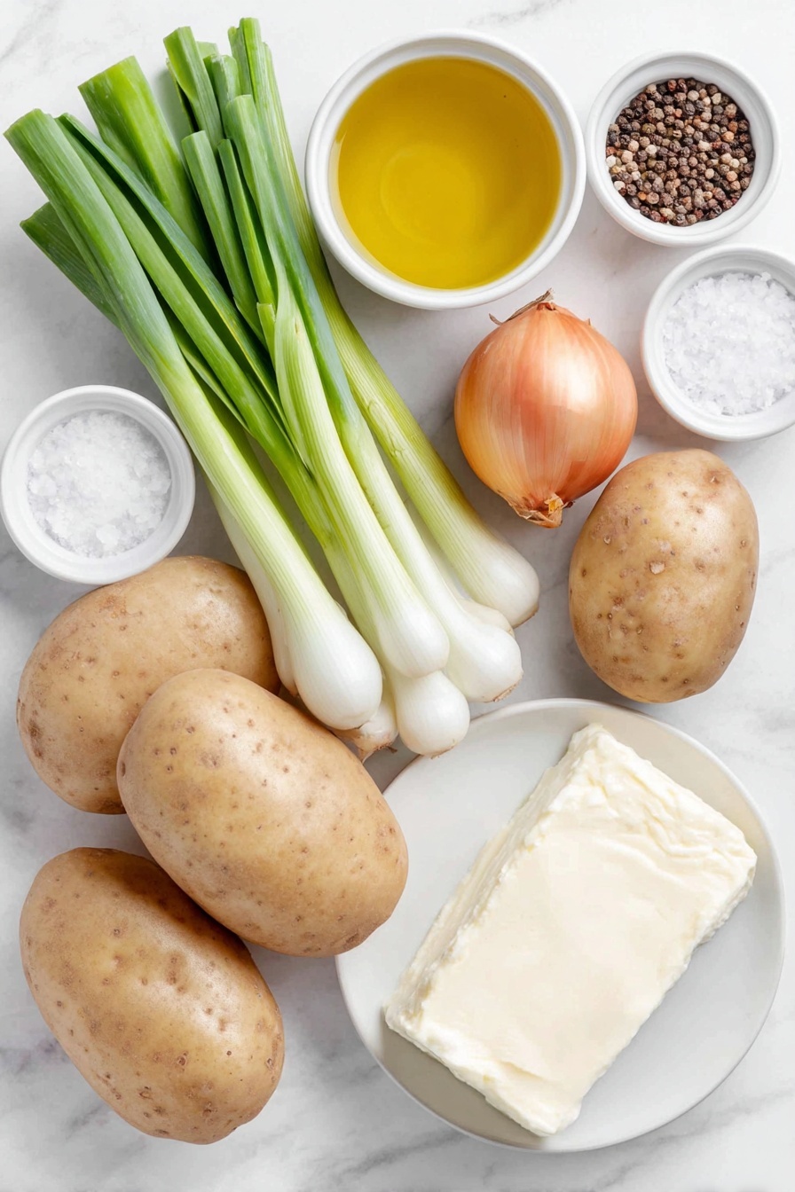 Flat lay of fresh whole white potatoes with natural earthy skin, a few bright green leek stalks with white bases sliced neatly, a medium yellow onion with smooth skin, an uncut block of creamy white cream cheese, a small white ceramic bowl filled with golden olive oil, a small white ceramic bowl containing coarse sea salt, another small white ceramic bowl with cracked black peppercorns, and a white ceramic bowl of clear vegetable broth, all arranged symmetrically on a clean white marble surface, soft natural light, photo taken with an iPhone, professional food photography style, fresh ingredients, white ceramic bowls, no bottles, no duplicates, no utensils, no packaging --ar 2:3 --v 7 --p m7354615311229779997 - Creamy Potato Soup with Leeks, Potato and leek soup, Creamy leek and potato soup, Comforting potato leek chowder, Easy creamy potato soup