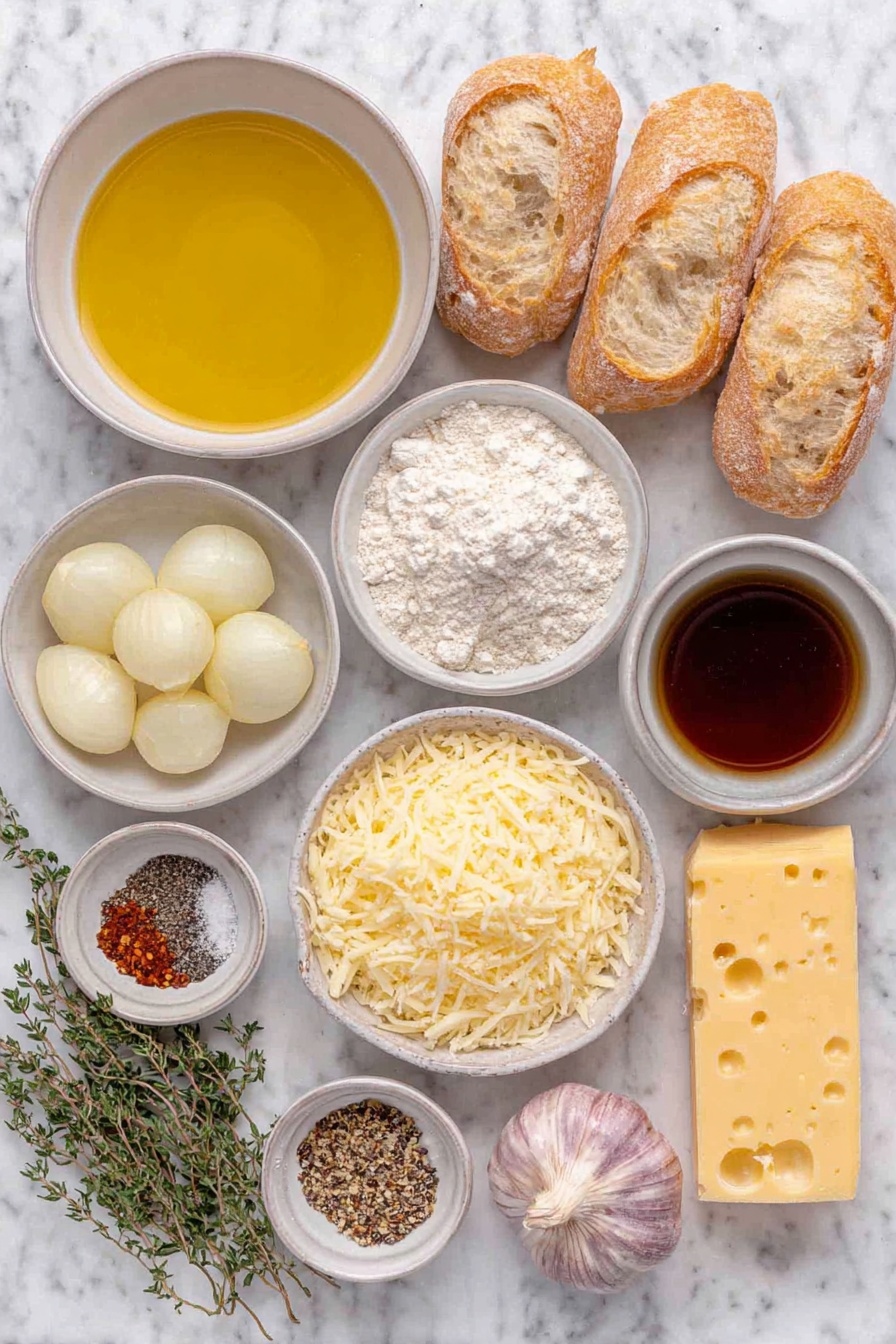 Flat lay of a small white ceramic bowl of extra-virgin olive oil, three medium yellow onions halved and thinly sliced, a few sprigs of fresh thyme leaves, three whole garlic cloves unpeeled, a small white bowl with white all-purpose flour, a small white bowl of dry white wine, a small white bowl of vegetable broth, a small white bowl of balsamic vinegar, a small white bowl of tamari, a few pinches of sea salt in a small white bowl, a few cracks of freshly ground black pepper in a small white bowl, several slices of fresh baguette, a small pile of grated Gruyère, aged cheddar, and Parmesan cheese mixed together, and a pinch of red pepper flakes in a small white bowl—all ingredients fresh and natural, arranged symmetrically on a clean white marble surface, soft natural light, photo taken with an iPhone, professional food photography style, fresh ingredients, white ceramic bowls, no bottles, no duplicates, no utensils, no packaging --ar 2:3 --v 7 --p m7354615311229779997 - French Onion Soup, classic French onion soup, homemade French onion soup, caramelized onion soup, cheesy French onion soup