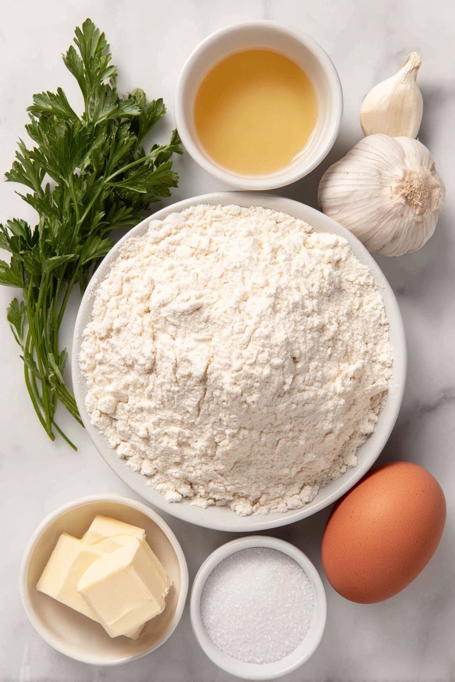 Flat lay of a mound of fine white bread flour, a small white bowl of warm milk, a small white bowl with a mix of golden vegetable oil, a whole large brown egg with a smooth uncracked shell, a small white bowl of golden melted butter, a whole garlic clove with papery white skin, a few vibrant green sprigs of fresh parsley, a small white bowl containing sparkling granulated sugar, a small white bowl with fine white salt crystals, and a small white bowl holding active dry yeast granules, all arranged in perfect symmetry on a clean white marble surface, soft natural light, photo taken with an iPhone, professional food photography style, fresh ingredients, white ceramic bowls, no bottles, no duplicates, no utensils, no packaging --ar 2:3 --v 7 --p m7354615311229779997 - Garlic Butter Dinner Rolls, homemade bread rolls, fluffy dinner rolls, garlic bread rolls, soft bread recipes