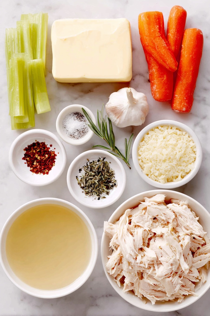 Flat lay of a small slab of butter, two fresh celery ribs diced, three large peeled carrots diced, one whole garlic bulb with one clove minced next to it, a small white bowl filled with clear chicken stock, a small white bowl containing coarse salt, a small white bowl with freshly ground black pepper, a small white bowl with dried rosemary, a small white bowl with dried thyme, a small white bowl with crushed red pepper flakes, a simple portion of uncooked farfalle pasta, shredded pieces of rotisserie chicken arranged neatly, and a small white bowl with chicken bouillon granules, all placed on a clean white marble surface, soft natural light, photo taken with an iPhone, professional food photography style, fresh ingredients, white ceramic bowls, no bottles, no duplicates, no utensils, no packaging --ar 2:3 --v 7 --p m7354615311229779997 - Easy Chicken Noodle Soup, chicken noodle soup, quick chicken soup, comforting chicken soup, homemade chicken noodle soup