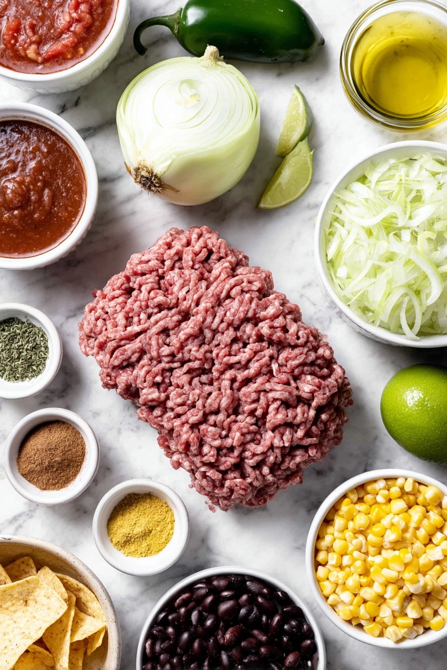 Flat lay of fresh lean ground beef, a medium yellow onion sliced in half showing its layers, two whole uncracked brown garlic cloves, one whole jalapeño pepper, a small white ceramic bowl filled with diced tomatoes with green chiles, a small white ceramic bowl of deep red tomato sauce, a small white ceramic bowl with rich brown beef broth, a small white ceramic bowl holding golden olive oil, a small white ceramic bowl with vibrant yellow chili powder, a small white ceramic bowl of warm brown ground cumin, a small white ceramic bowl with reddish ground paprika, a small white ceramic bowl filled with dried oregano leaves, a small white ceramic bowl of mixed green chopped cilantro leaves, a small white ceramic bowl with fresh bright green lime wedges, a small white ceramic bowl containing bright yellow frozen corn kernels, a small white ceramic bowl of shiny black beans, a small white ceramic bowl of reddish-brown pinto beans, fresh shredded Mexican blend cheese in a neat pile, finely chopped green onion rings, diced creamy green avocado cubes, and a small pile of golden corn tortilla strips — all placed on a clean white marble surface, soft natural light, photo taken with an iPhone, professional food photography style, fresh ingredients, white ceramic bowls, no bottles, no duplicates, no utensils, no packaging --ar 2:3 --v 7 --p m7354615311229779997 - Easy Ground Beef Taco Soup, taco soup recipe, hearty taco soup, quick dinner ideas, flavorful beef soup