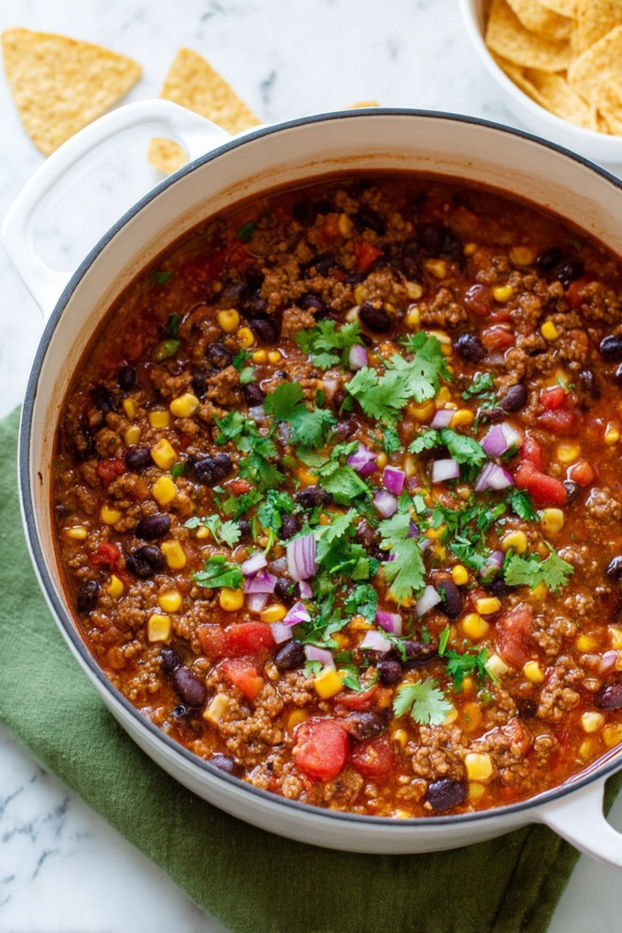 A large white pot filled with chili showing layers of ingredients including brown cooked ground meat, black beans, light brown pinto beans, yellow corn, small red diced tomatoes, and green cilantro leaves evenly spread on top. There are small pieces of purple-red onion scattered across the surface. The pot rests on a green cloth on a white marbled surface, with tortilla chips in the background. Photo taken with an iphone --ar 2:3 --v 7 - Easy Ground Beef Taco Soup, taco soup recipe, hearty taco soup, quick dinner ideas, flavorful beef soup