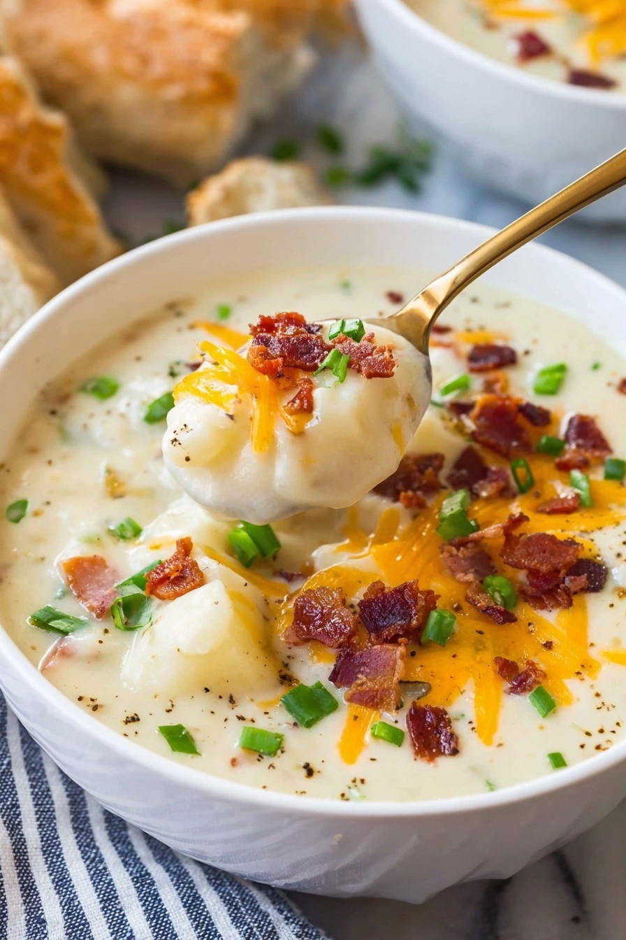 A white bowl filled with creamy, thick potato soup spilling slightly over the edge, showing chunks of soft potatoes covered in smooth white sauce. On top, colorful layers include small crispy bacon pieces in dark red and brown tones, bright orange shredded cheese, and vibrant green chopped scallions. A gold spoon lifts a spoonful of the creamy soup, emphasizing the thick texture and mixed ingredients. The bowl sits on a white marbled surface with a striped cloth below and some bread pieces visible in the corner. Photo taken with an iphone --ar 2:3 --v 7 - Creamy Potato Soup with Bacon, creamy potato soup, bacon potato soup, hearty potato soup, comforting bacon soup