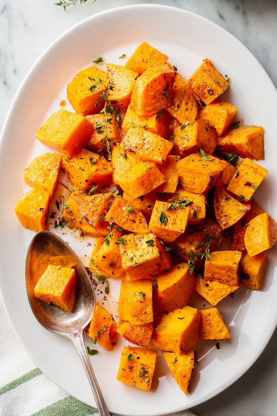 The image shows a white plate filled with orange roasted cubes of sweet potato, some pieces having a slightly darker golden brown crispy surface. The cubes are scattered evenly across the plate, with a silver spoon holding a few pieces in the lower part of the plate. Small green herb flakes are sprinkled on top of the sweet potatoes and some black pepper is also visible. The plate is set on a white marbled surface with a glimpse of a white cloth with green stripes around the edges. photo taken with an iphone --ar 2:3 --v 7 - Roasted Butternut Squash, how to roast butternut squash, roasted butternut squash side dish, easy butternut squash recipe, healthy roasted squash