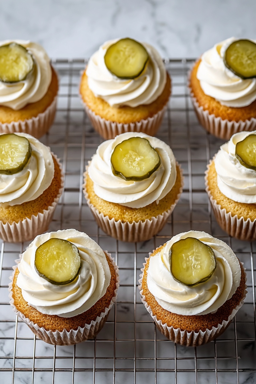 Eight vanilla cupcakes sit on a metal cooling rack over a white marbled surface. Each cupcake has two visible layers: a golden brown base wrapped in white paper liners, topped with a thick swirl of smooth white frosting. On top of the frosting of every cupcake, there is a round green pickle slice with light seeds and a shiny texture, placed in the center. The frosting swirls are neatly piped and evenly spaced on all cupcakes, creating a uniform look. photo taken with an iphone --ar 2:3 --v 7 - Pickle Cake Cupcakes, Pickle Cake Recipe, Unique Cupcake Ideas, Savory Sweet Cupcakes, Quirky Dessert Recipes