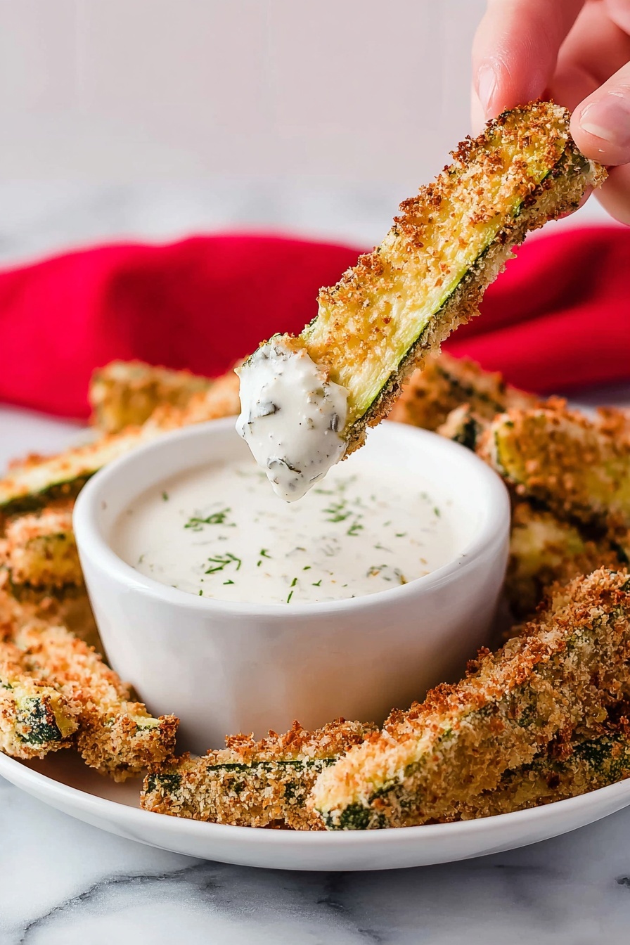 The image shows a woman's hand holding a golden brown, crispy zucchini stick with a crunchy breadcrumb coating, dipped halfway into a creamy white sauce with green herb pieces visible. The sauce fills a white bowl placed on a white plate, along with more breaded zucchini sticks stacked around it. The background is a clean, white marbled surface with a blurred red cloth in the back. The textures highlight the contrast between the crispy coating and smooth sauce. photo taken with an iphone --ar 2:3 --v 7 - Crispy Dill Pickle Fries, dill pickle fries recipe, crunchy pickle fry snack, homemade pickle fry, easy fried pickle bites