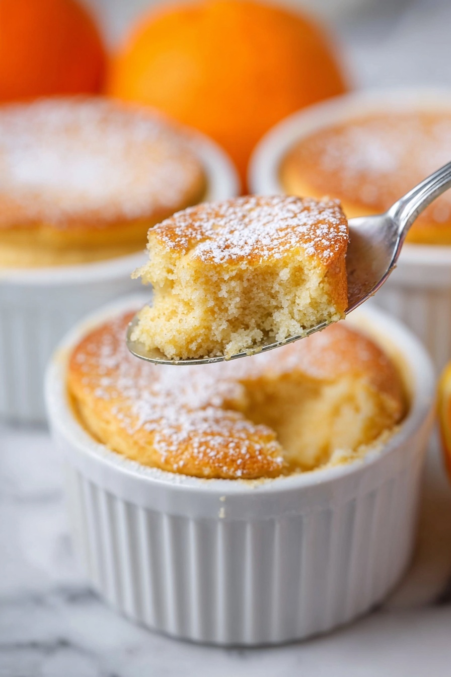 A white ramekin holds a small, round baked dish with a light golden-brown top sprinkled lightly with powdered sugar. A spoon lifts one scoop of the soft, fluffy, spongy interior, showing a slightly moist and textured inside with a warm tan color. In the blurry background, there are two more white ramekins with similar baked dishes and an orange fruit partially visible. The whole scene is set on a white marbled surface. Photo taken with an iphone --ar 2:3 --v 7 - Pumpkin Souffle, pumpkin souffle recipe, fluffy pumpkin dessert, fall pumpkin dessert, easy pumpkin souffle
