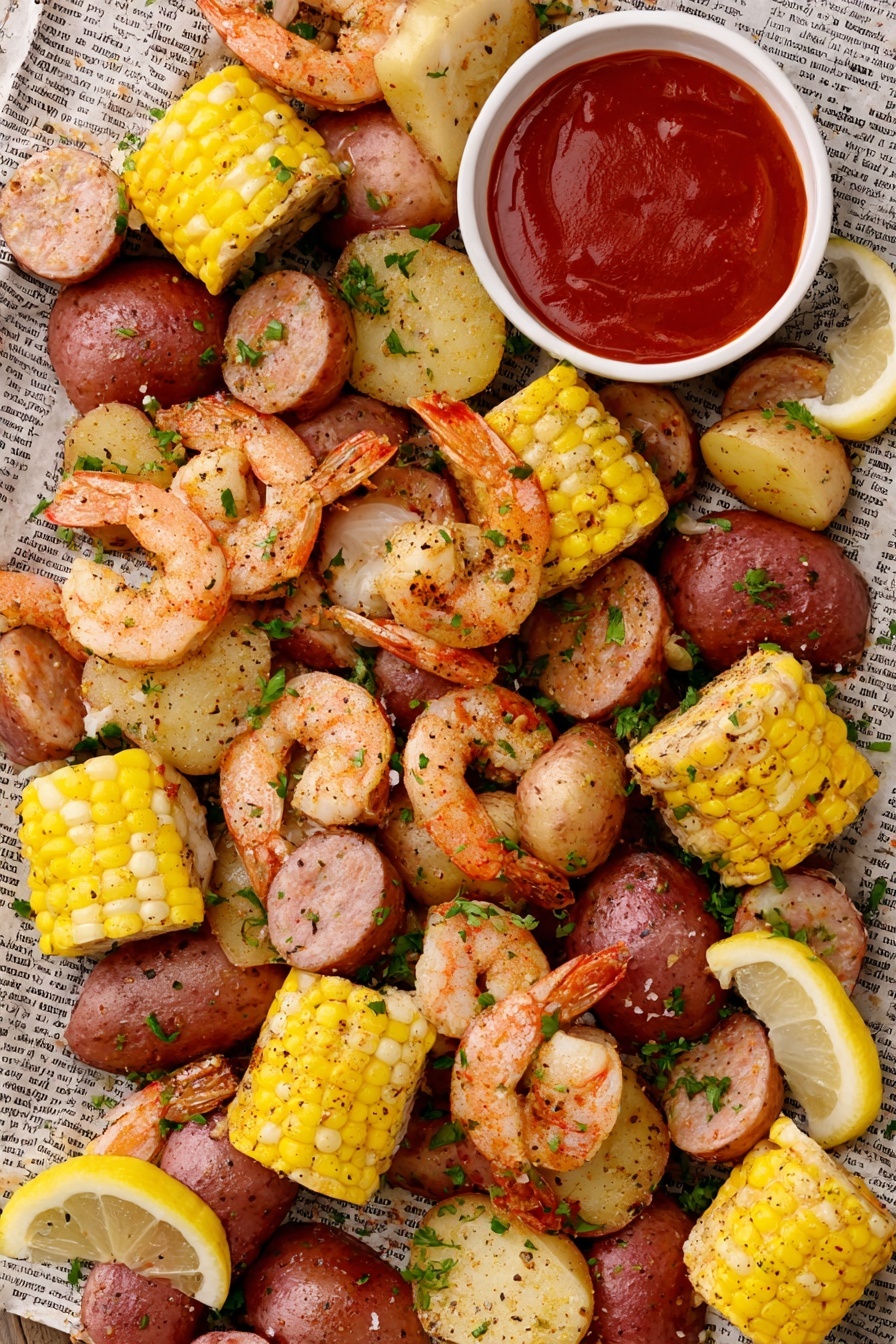 The image shows a mixed seafood boil spread out over a layer of newspaper. The dish includes several large pink shrimp with visible tails and light seasoning scattered on them. There are multiple chunks of bright yellow corn on the cob, halved into small sections, positioned evenly throughout the seafood. Red potatoes, both whole and sliced, add a round and smooth texture, with some pieces garnished with chopped green herbs. Sliced sausage rounds with a slightly browned surface are scattered among the other ingredients. Bright yellow lemon wedges are placed on top and around the mix, adding a fresh pop of color. A small white bowl filled with thick red sauce is positioned near the top center, completing this rustic, colorful seafood spread. Photo taken with an iphone --ar 2:3 --v 7 - Easy Shrimp Boil, seafood boil with potatoes and corn, how to make shrimp boil, flavorful shrimp boil dinner, one-pot seafood recipes