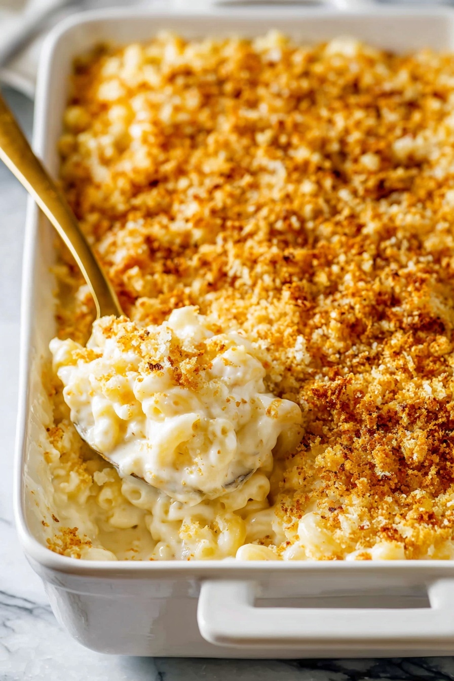 A close-up view of a white rectangular casserole dish filled with mac and cheese, showing three layers: a creamy white cheesy pasta base, a middle layer of soft macaroni mixed with cheese sauce, and a thick golden brown crispy crumb topping covering the whole surface. A gold spoon scoops out a portion, revealing the melty cheesy pasta underneath the crunchy top. The dish sits on a white marbled surface. photo taken with an iphone --ar 2:3 --v 7 - Truffle Cheese Mac and Cheese, gourmet mac and cheese with truffle oil, decadent cheese pasta recipe, easy luxurious mac and cheese, gourmet comfort food recipe