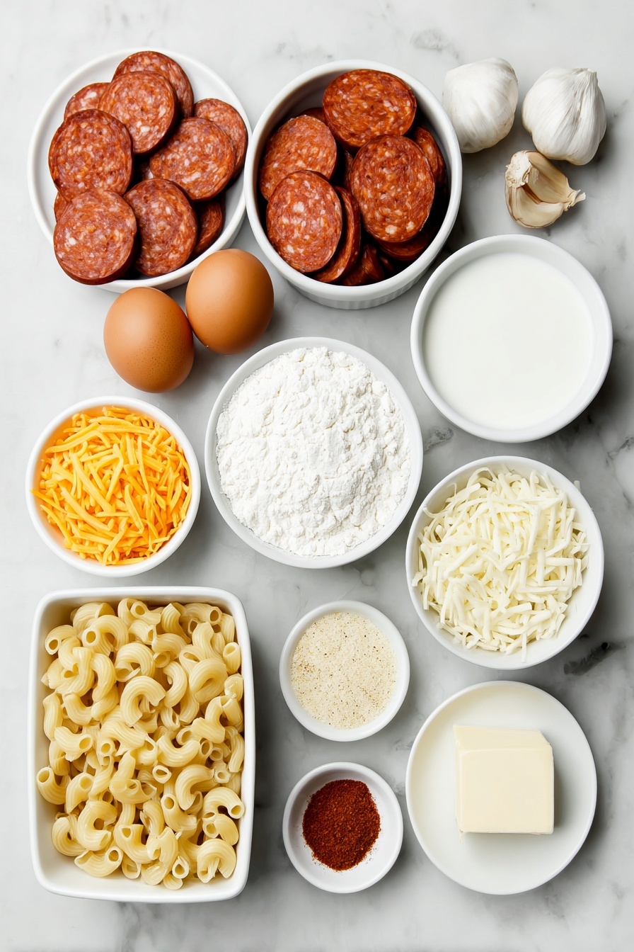 Flat lay of fresh sliced chorizo rounds, two whole uncracked brown eggs, two peeled garlic cloves chopped, a small white ceramic bowl with plain flour, a small white ceramic bowl filled with milk, a small white ceramic bowl of finely grated extra mature cheddar, a small white ceramic bowl of shredded block mozzarella, a small white ceramic bowl containing smoked paprika powder, a small white ceramic bowl with cayenne pepper powder, a small white ceramic bowl with Dijon mustard, uncooked macaroni pasta laid neatly, a small white ceramic bowl of panko breadcrumbs, a small white ceramic bowl with grated Parmesan cheese, a small chunk of butter on a white ceramic dish, arranged in perfect symmetry and balanced proportions, all fresh and natural, placed on a clean white marble surface, soft natural light, photo taken with an iPhone, professional food photography style, fresh ingredients, white ceramic bowls, no bottles, no duplicates, no utensils, no packaging --ar 2:3 --v 7 --p m7354615311229779997 - Chorizo Mac and Cheese, spicy cheesy pasta, smoky chorizo recipe, quick comfort food, creamy cheesy casserole