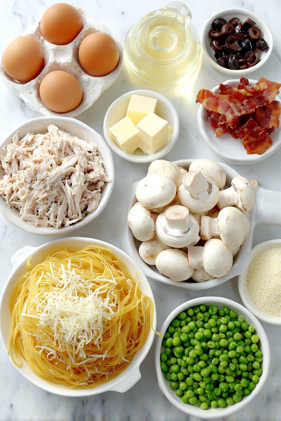 Flat lay of thin spaghetti broken in half, a few small cubes of cream cheese on a simple white ceramic plate, whole uncracked brown eggs, quartered white mushrooms in a white ceramic bowl, a small white bowl of green peas, cooked shredded turkey pieces on a white plate, finely chopped black olives in a white bowl, sliced raw garlic cloves, small white bowl of butter cubes, small white bowl of grated Monterey Jack cheese, another small white bowl of grated Parmesan cheese, small white bowl of panko breadcrumbs, a few sprigs of black peppercorns scattered neatly, crispy fried bacon bits on a white dish, small white bowl of white wine, all arranged symmetrically and naturally placed on a clean white marble surface, soft natural light, photo taken with an iPhone, professional food photography style, fresh ingredients, white ceramic bowls, no bottles, no duplicates, no utensils, no packaging --ar 2:3 --v 7 --p m7354615311229779997 - Turkey Mushroom Tetrazzini Casserole, creamy turkey mushroom casserole, easy turkey tetrazzini, cozy baked turkey and mushroom dish, comforting turkey casserole