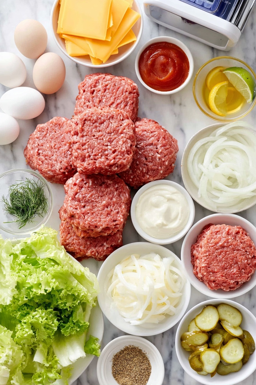 Flat lay of fresh 80/20 ground beef formed into raw patties, a few sprigs of dried dill, a small white bowl of creamy mayonnaise, a small white bowl of bright red ketchup, a small white bowl of golden Worcestershire sauce, a small white bowl with light green pickle juice, a few bright lemon or lime wedges with fresh lime juice, a small white bowl of smoked paprika powder, a small white bowl of cayenne pepper, a small white bowl of garlic powder granules, a small white bowl of yellow mustard powder, six whole uncracked brown eggs, six thick slices of sharp cheddar cheese, six soft golden brioche hamburger buns, fresh vibrant green romaine lettuce leaves torn into pieces, one ripe tomato sliced, a few crisp pale green pickle slices, a small heap of glossy caramelized onions, clean white ceramic bowls and plates arranged symmetrically and balanced, placed on a clean white marble surface, soft natural light, photo taken with an iPhone, professional food photography style, fresh ingredients, white ceramic bowls, no bottles, no duplicates, no utensils, no packaging --ar 2:3 --v 7 --p m7354615311229779997 - Juicy Beef Cheeseburger with Secret Sauce, best beef burger recipe, homemade cheeseburger with secret sauce, juicy burger recipe, easy burger ideas