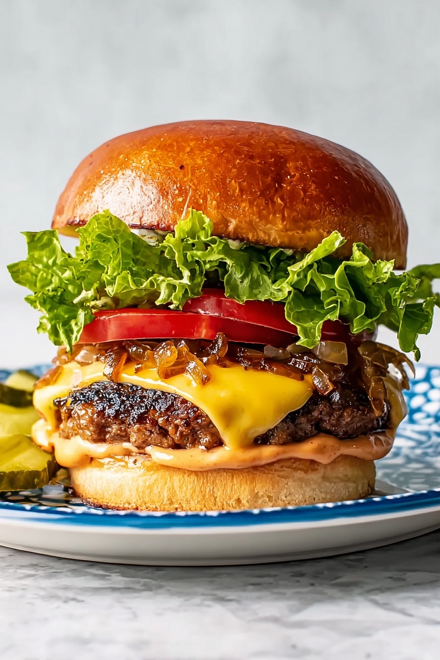 A close-up view of a stacked burger on a white plate with blue patterns, placed on a white marbled surface. The bottom layer is a toasted soft bun spreading light orange sauce. On top is a grilled beef patty with melted yellow cheese that has a slightly shiny texture. Above the cheese are sautéed onions with a caramel brown color and a few darker edges, followed by two bright red tomato slices. Next is a fresh green leafy lettuce layer with ruffled edges, and the top is a shiny golden-brown bun with a smooth texture. A few pickle slices are partially visible on the left side of the plate. photo taken with an iphone --ar 2:3 --v 7 - Juicy Beef Cheeseburger with Secret Sauce, best beef burger recipe, homemade cheeseburger with secret sauce, juicy burger recipe, easy burger ideas