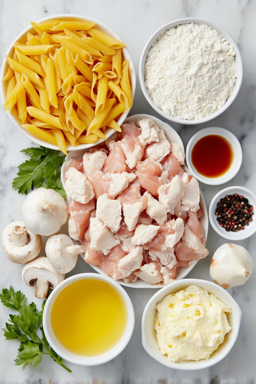 Flat lay of penne pasta uncooked in a small heap, raw chicken breast cut into bite-sized pieces, a small white bowl with white all-purpose flour, a few grains of kosher salt scattered nearby, cracked black peppercorns in a small pile, a whole shallot with smooth purple skin, fresh white mushrooms sliced, three whole garlic cloves unpeeled, a small white bowl filled with deep amber Marsala wine, another small white bowl with light golden chicken broth, a small white bowl containing creamy skim milk, a dollop of reduced-fat cream cheese on a white ceramic dish, and a few sprigs of fresh green parsley arranged symmetrically placed on a clean white marble surface, soft natural light, photo taken with an iPhone, professional food photography style, fresh ingredients, white ceramic bowls, no bottles, no duplicates, no utensils, no packaging --ar 2:3 --v 7 --p m7354615311229779997 - Creamy Chicken Marsala Pasta, Chicken Marsala Pasta, easy chicken pasta dinner, creamy mushroom pasta, weeknight chicken recipes